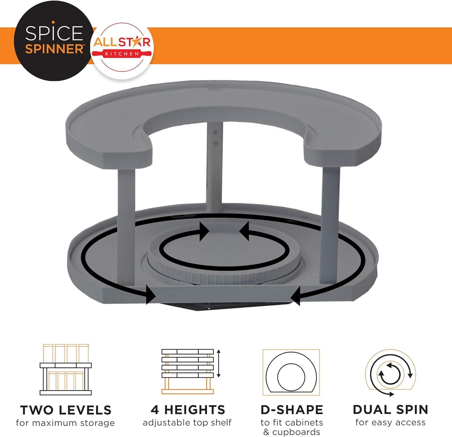 Allstar Innovations Spice Spinner Two-Tiered Spice Organizer Holder That Saves Space, Keeps Everything Neat, Organized Within Reach With Dual Spin Turntables- Grey Allstar Innovations Spice Spinner Two-Tiered Spice Organizer Holder That Saves Space, Keeps Everything Neat, Organized Within Reach With Dual Spin Turntables- Grey