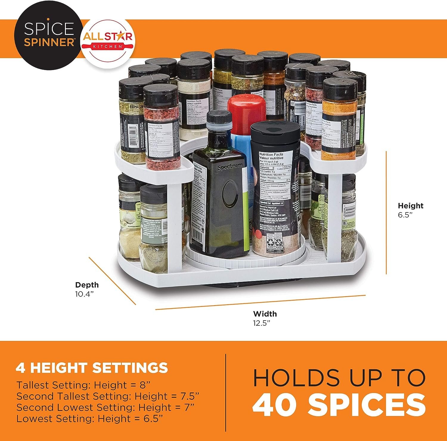 Allstar Innovations Spice Spinner Two-Tiered Spice Organizer  Holder That Saves Space, Keeps Everything Neat, Organized  Within Reach With Dual Spin Turntables- White Allstar Innovations Spice Spinner Two-Tiered Spice Organizer  Holder That Saves Space, Keeps Everything Neat, Organized  Within Reach With Dual Spin Turntables- White