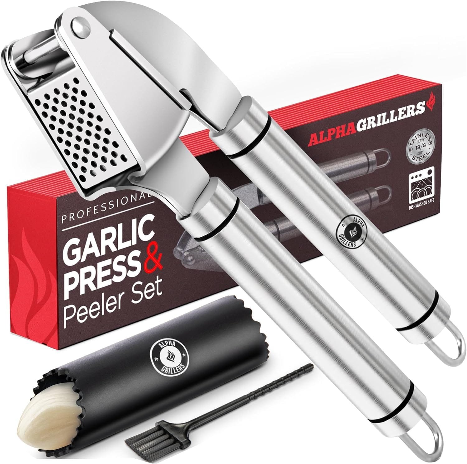 alpha-grillers-garlic-press-stainless-steel-premium-garlic-mincer-with-silicone-garlic-peeler-easy-squeeze-garlic-crushe - Cooking Appliance World