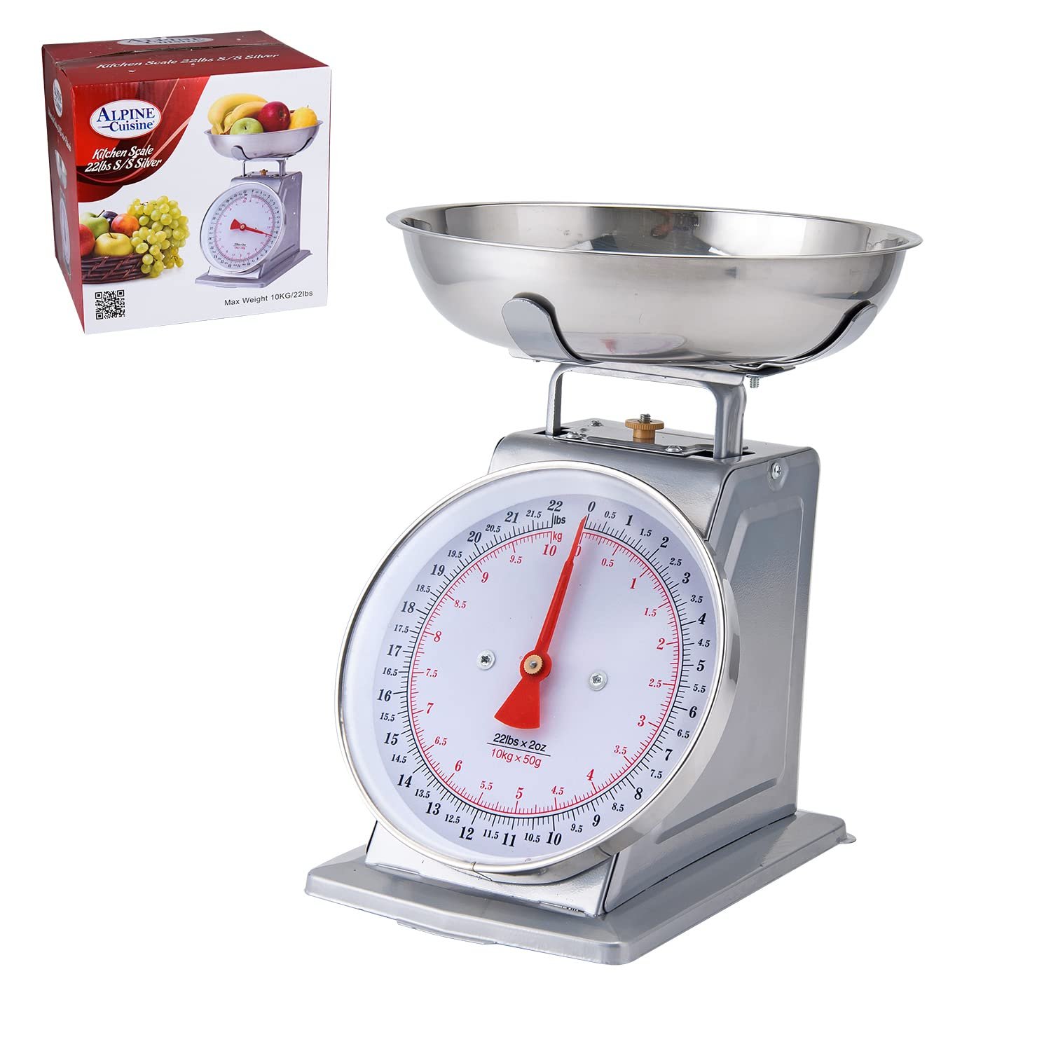 Alpine Cuisine Stainless Steel Analog Kitchen Scale Silver - Mechanical Kitchen Weighing Food Scale Weighs Up to 22 Lbs, Analog Food Scale for Kitchen - Measures Grams and Ounces - Food Weight Scale