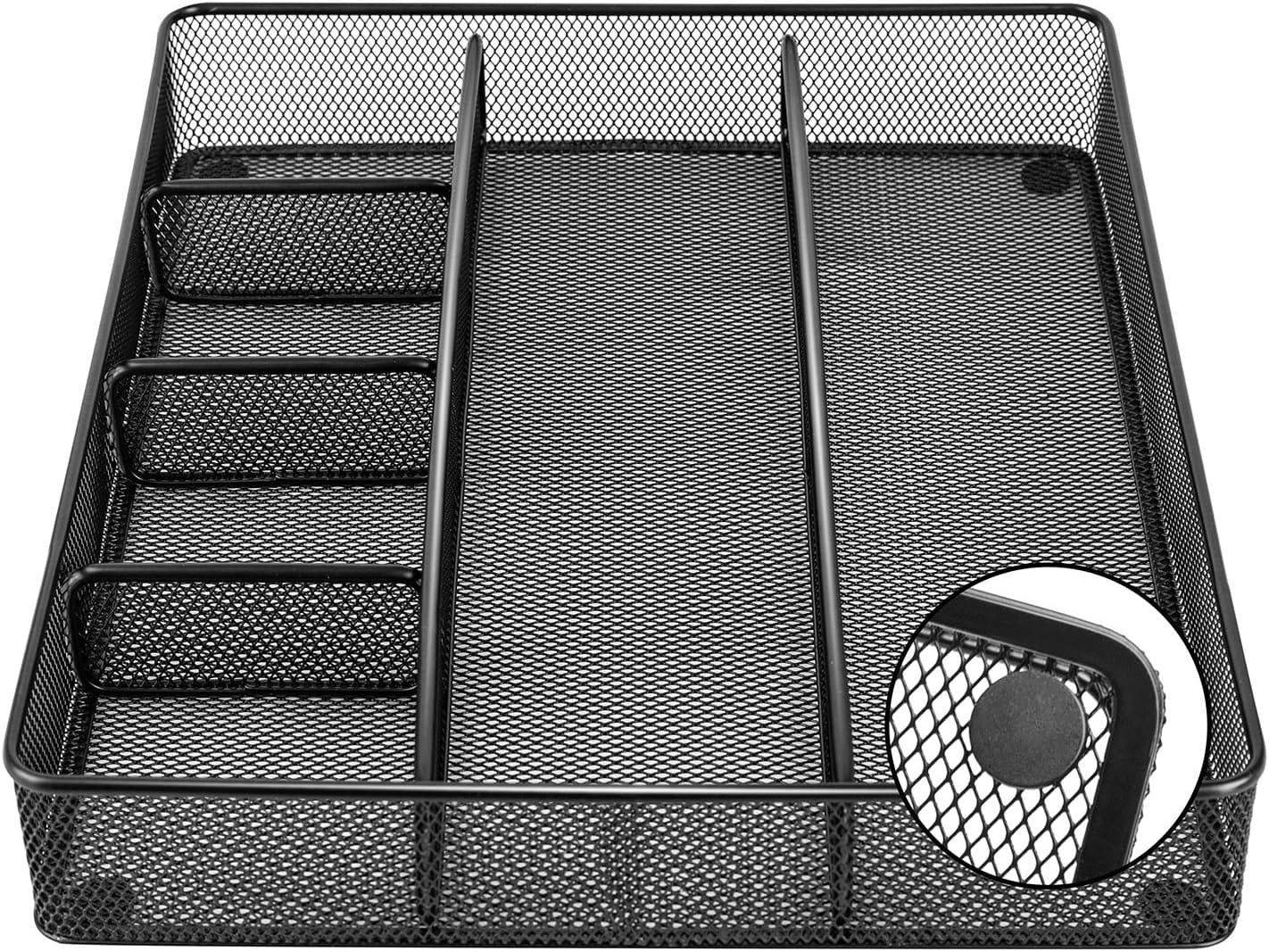Amazon Basics Desk Drawer Organizer for Office and Home, Metal Mesh, 6 Compartments, Black