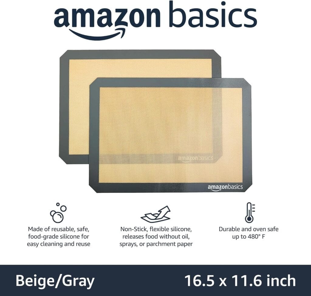Amazon Basics Silicone, Non-Stick, Food Safe Baking Mat, Pack of 2, New Beige/Gray, Rectangular, 16.5 x 11.6 Amazon Basics Silicone, Non-Stick, Food Safe Baking Mat, Pack of 2, New Beige/Gray, Rectangular, 16.5 x 11.6