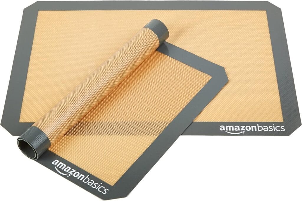 Amazon Basics Silicone, Non-Stick, Food Safe Baking Mat, Pack of 2, New Beige/Gray, Rectangular, 16.5 x 11.6 Amazon Basics Silicone, Non-Stick, Food Safe Baking Mat, Pack of 2, New Beige/Gray, Rectangular, 16.5 x 11.6