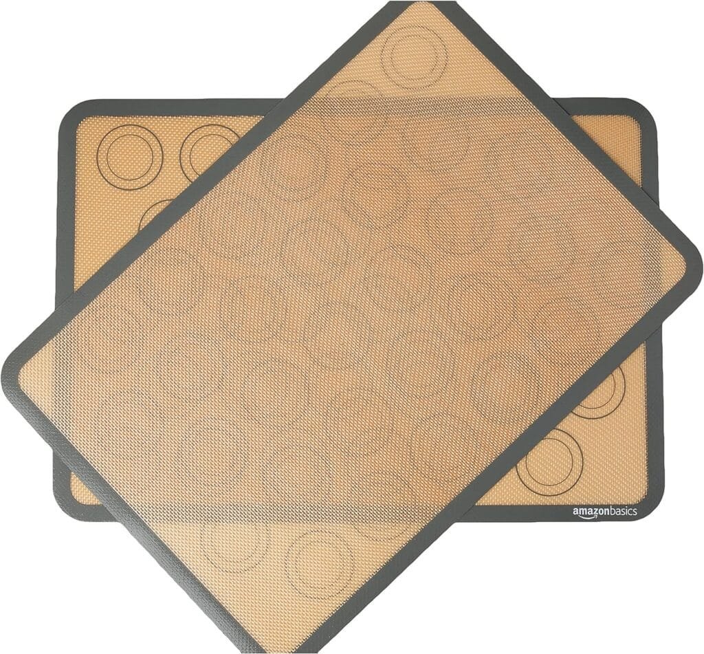 Amazon Basics Silicone, Non-Stick, Food Safe Baking Mat, Pack of 2, New Beige/Gray, Rectangular, 16.5 x 11.6 Amazon Basics Silicone, Non-Stick, Food Safe Baking Mat, Pack of 2, New Beige/Gray, Rectangular, 16.5 x 11.6