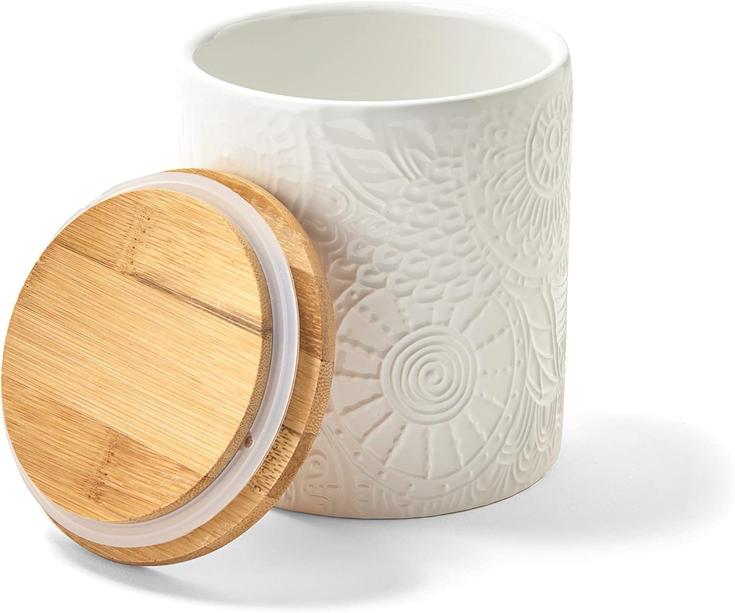 American Atelier Embossed Canister Set 4-Piece Ceramic Set Jar Container with Wooden Lids for Cookies, Candy, Coffee, Flour, Sugar, Rice, Pasta, Cereal  More Sage