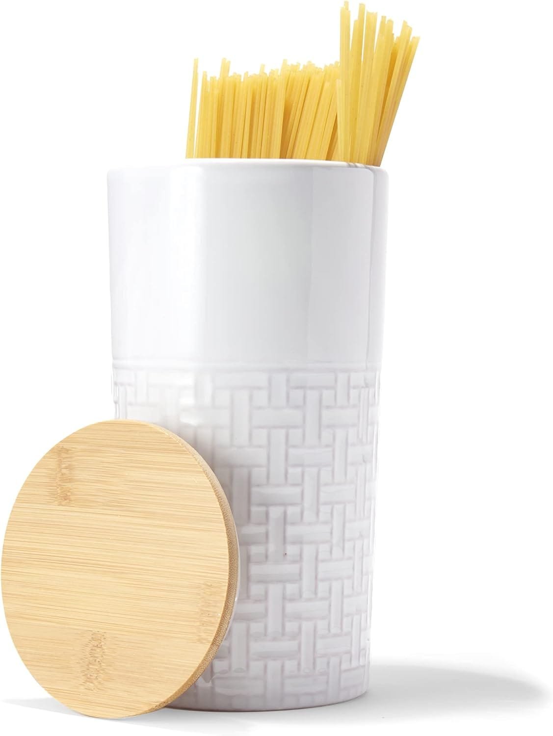 American Atelier Embossed Canister Set 4-Piece Ceramic Set Jar Container with Wooden Lids for Cookies, Candy, Coffee, Flour, Sugar, Rice, Pasta, Cereal  More Sage