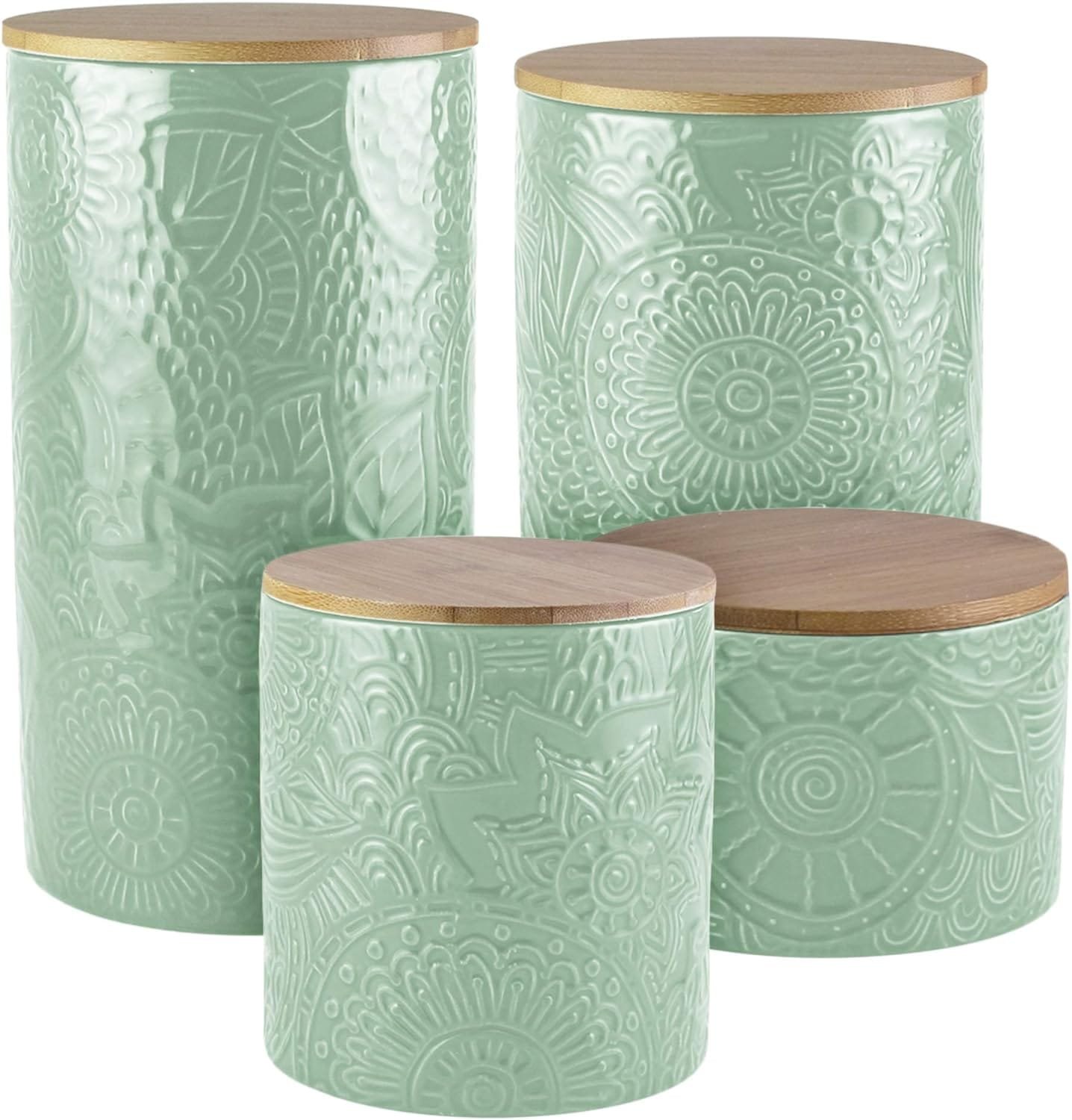 American Atelier Embossed Canister Set 4-Piece Ceramic Set Jar Container with Wooden Lids for Cookies, Candy, Coffee, Flour, Sugar, Rice, Pasta, Cereal  More Sage