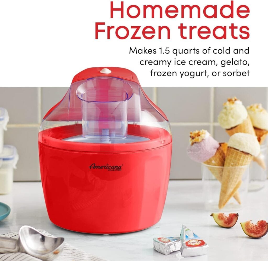 Americana EIM-1400R 1.5 Qt Freezer Bowl Automatic Easy Homemade Electric Ice Cream Maker, Ingredient Chute, On/Off Switch, No Salt Needed, Creamy Ice Cream, Gelato, Frozen Yogurt, Sorbet, Recipe Book Americana EIM-1400R 1.5 Qt Freezer Bowl Automatic Easy Homemade Electric Ice Cream Maker, Ingredient Chute, On/Off Switch, No Salt Needed, Creamy Ice Cream, Gelato, Frozen Yogurt, Sorbet, Recipe Book