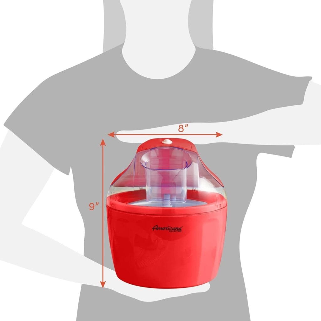 Americana EIM-1400R 1.5 Qt Freezer Bowl Automatic Easy Homemade Electric Ice Cream Maker, Ingredient Chute, On/Off Switch, No Salt Needed, Creamy Ice Cream, Gelato, Frozen Yogurt, Sorbet, Recipe Book Americana EIM-1400R 1.5 Qt Freezer Bowl Automatic Easy Homemade Electric Ice Cream Maker, Ingredient Chute, On/Off Switch, No Salt Needed, Creamy Ice Cream, Gelato, Frozen Yogurt, Sorbet, Recipe Book