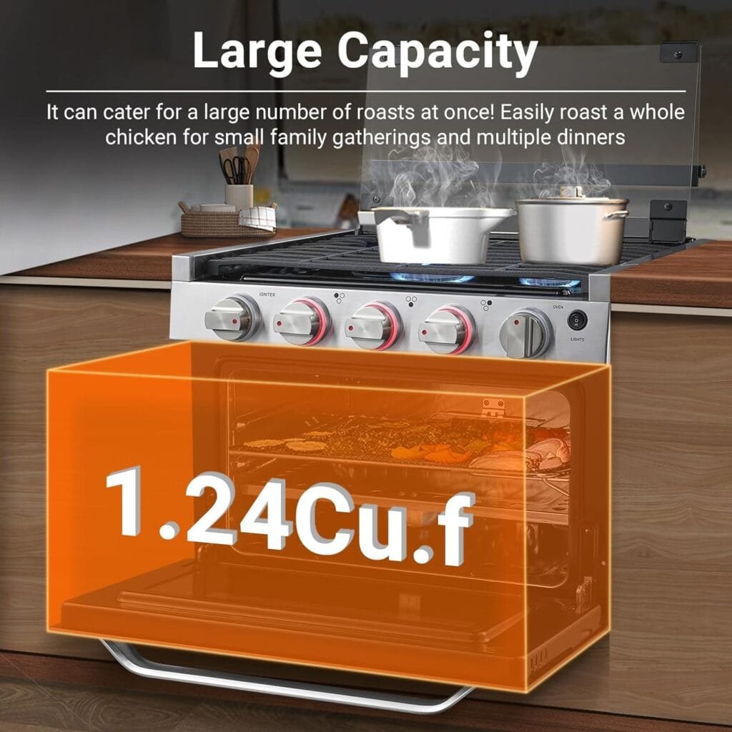 AMZCHEF 17 Inch Gas Range Stove 12V, Ideal for RV Use with 3 Burners, 1.24 Cu.Ft. Capacity Gas Oven, 28,100BTU, Open Flame Configuration, Knob work indicator, Heavy Duty Cast Iron Grates,