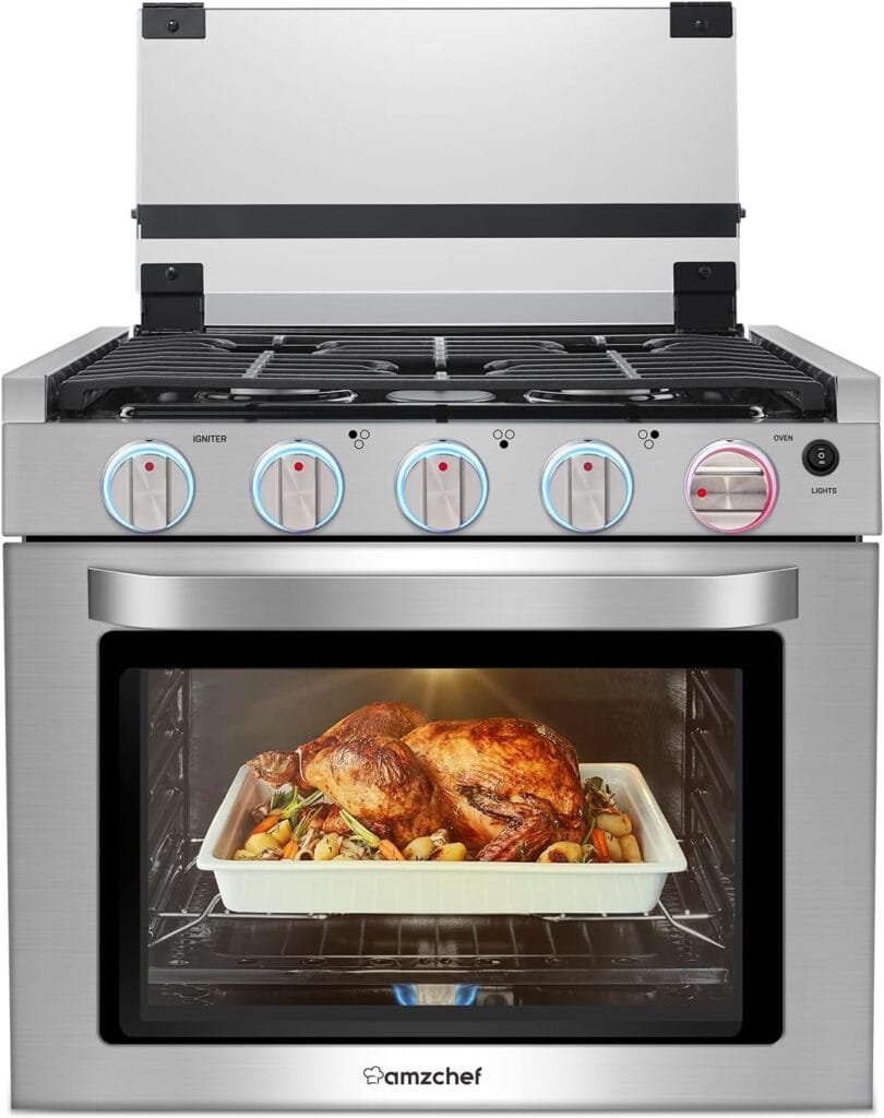 AMZCHEF 17 Inch Gas Range Stove 12V, Ideal for RV Use with 3 Burners, 1.24 Cu.Ft. Capacity Gas Oven, 28,100BTU, Open Flame Configuration, Knob work indicator, Heavy Duty Cast Iron Grates,