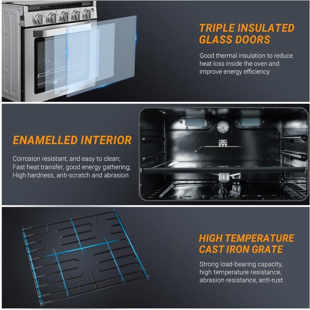 AMZCHEF 17 Inch Gas Range Stove 12V, Ideal for RV Use with 3 Burners, 1.24 Cu.Ft. Capacity Gas Oven, 28,100BTU, Open Flame Configuration, Knob work indicator, Heavy Duty Cast Iron Grates,