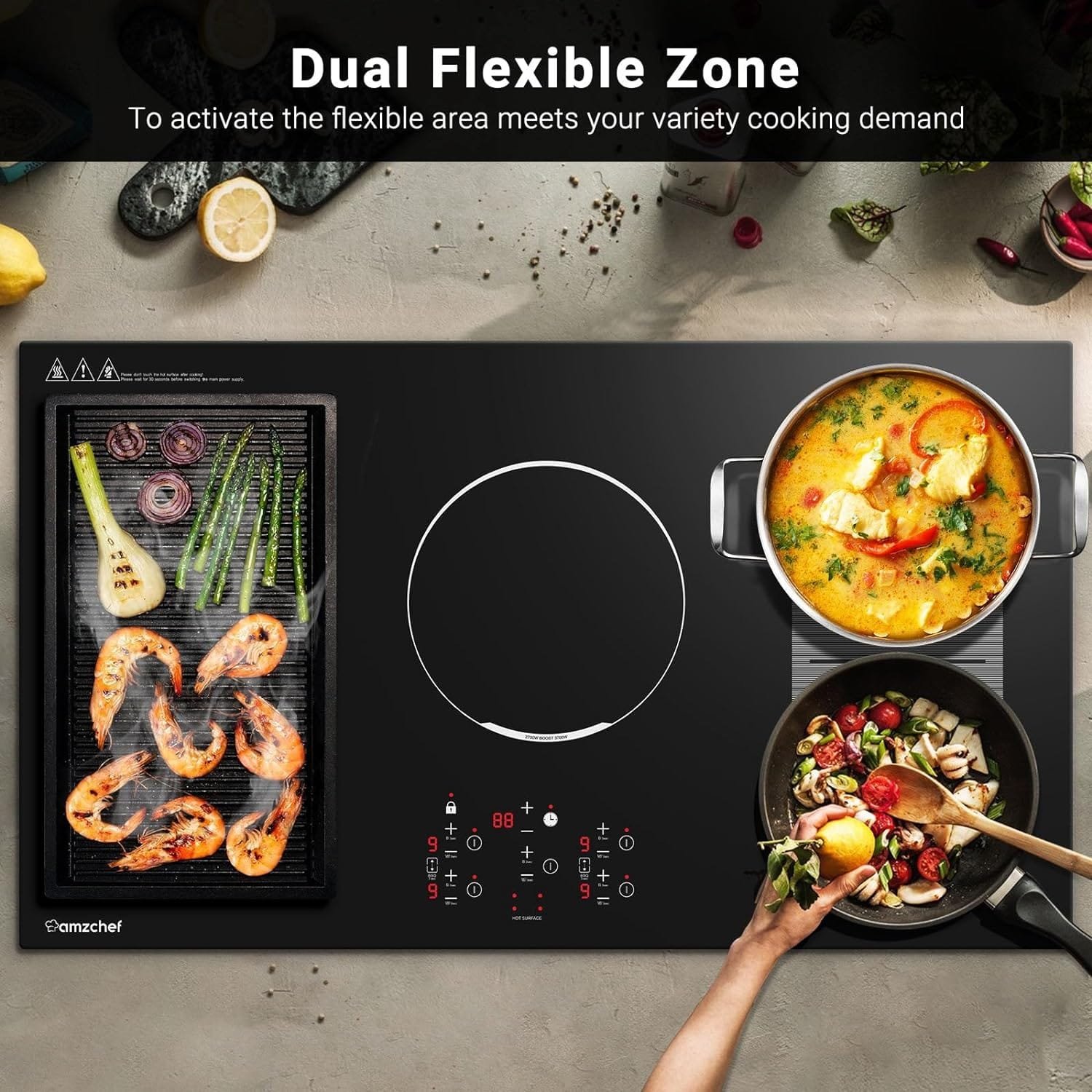 AMZCHEF Electric Cooktop 30 Inch with 4 BOOST Burners Bulid-in Induction Cooktop, 220V-240V/7200W 9 Levels Stove Control by Slide Touch, Child Safety Lock, Pause,Timer and Overheat Protection, No plug