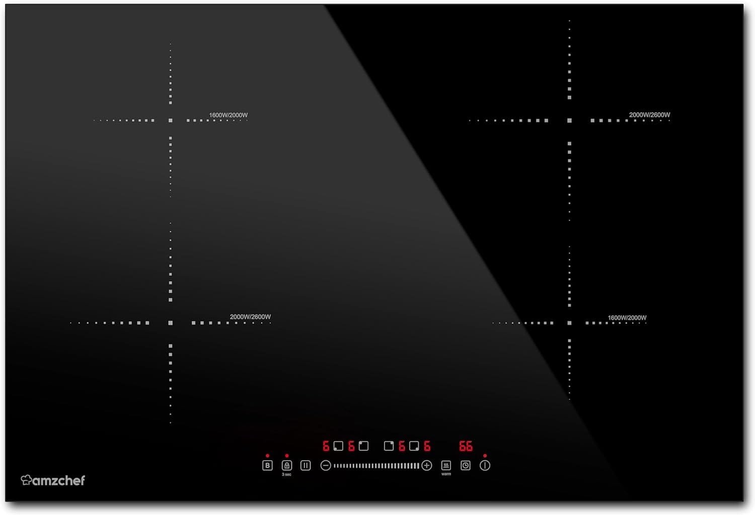 AMZCHEF Electric Cooktop 30 Inch with 4 BOOST Burners Bulid-in Induction Cooktop, 220V-240V/7200W 9 Levels Stove Control by Slide Touch, Child Safety Lock, Pause,Timer and Overheat Protection, No plug