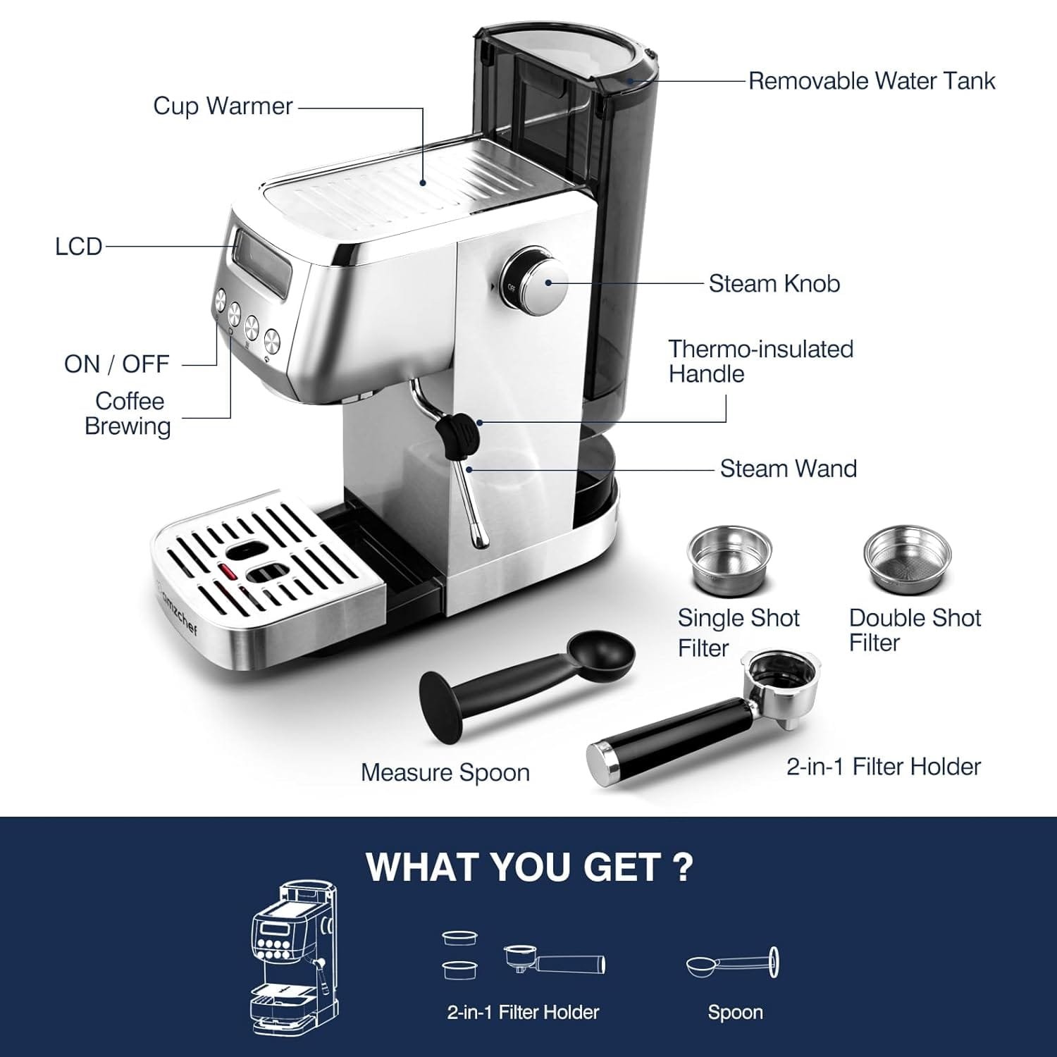 amzchef Espresso Machines 20 Bar, Espresso Maker for home with LCD Panel, Compact Coffee Machine with Milk Frother Latte Macchiato, Cappuccino