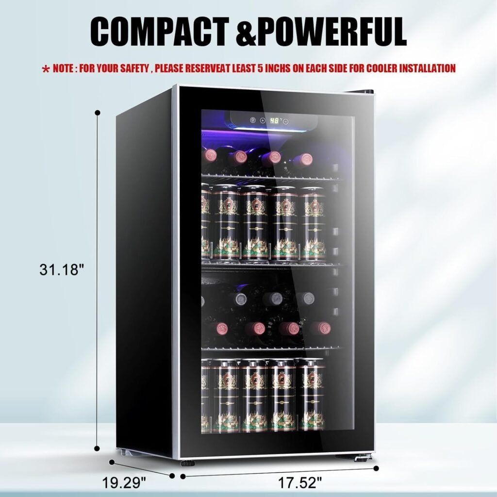 Antarctic Star 26 Bottle 130 Can Wine Cooler/Cabinet Beverage Refrigerator Mini Wine Cellar Beer Soda Clear Glass Door Bar Fridge Quiet Compressor Adjust Temp Freestanding Indoor Use 3.2cu.ft Black…