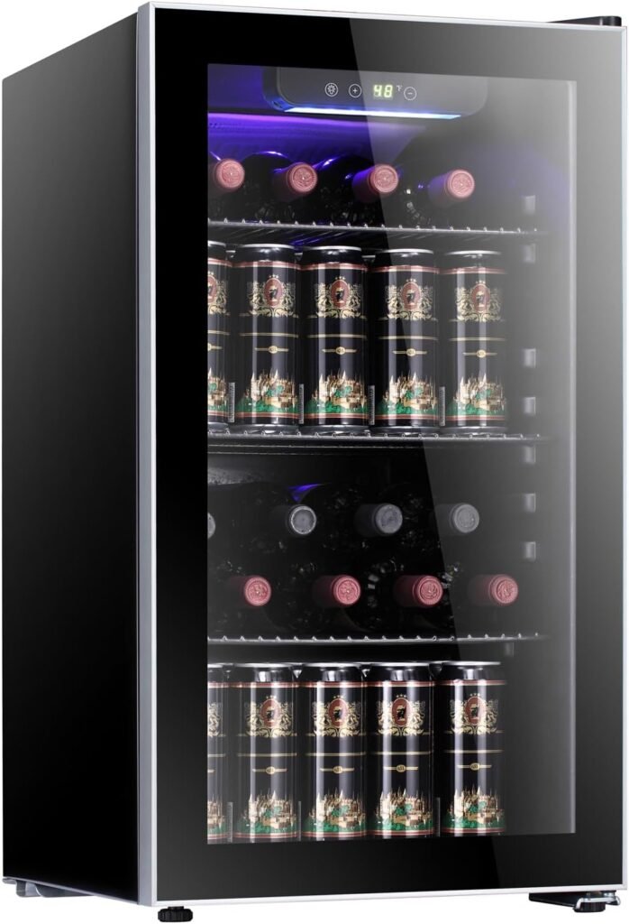 Antarctic Star 26 Bottle 130 Can Wine Cooler/Cabinet Beverage Refrigerator Mini Wine Cellar Beer Soda Clear Glass Door Bar Fridge Quiet Compressor Adjust Temp Freestanding Indoor Use 3.2cu.ft Black…