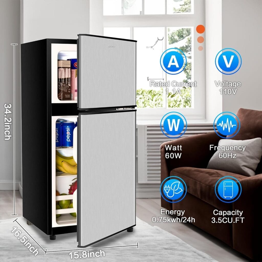 Anukis Compact Refrigerator 3.5 Cu Ft 2 Door Mini Fridge with Freezer for Apartment, Dorm, Office, Family, Basement, Garage - Silver Anukis Compact Refrigerator 3.5 Cu Ft 2 Door Mini Fridge with Freezer for Apartment, Dorm, Office, Family, Basement, Garage - Silver