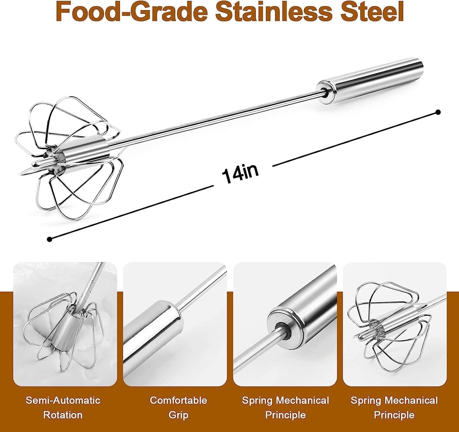 ANYI Semi-automatic Whisk, 12Inch Stainless Steel Egg Beater, Hand Push Rotary Whisk Blender Easy Whisk Mixer Stirrer for Making Cream, Whisking, Beating and Stirring (Silver) (2Pcs Silver) ANYI Semi-automatic Whisk, 12Inch Stainless Steel Egg Beater, Hand Push Rotary Whisk Blender Easy Whisk Mixer Stirrer for Making Cream, Whisking, Beating and Stirring (Silver) (2Pcs Silver)