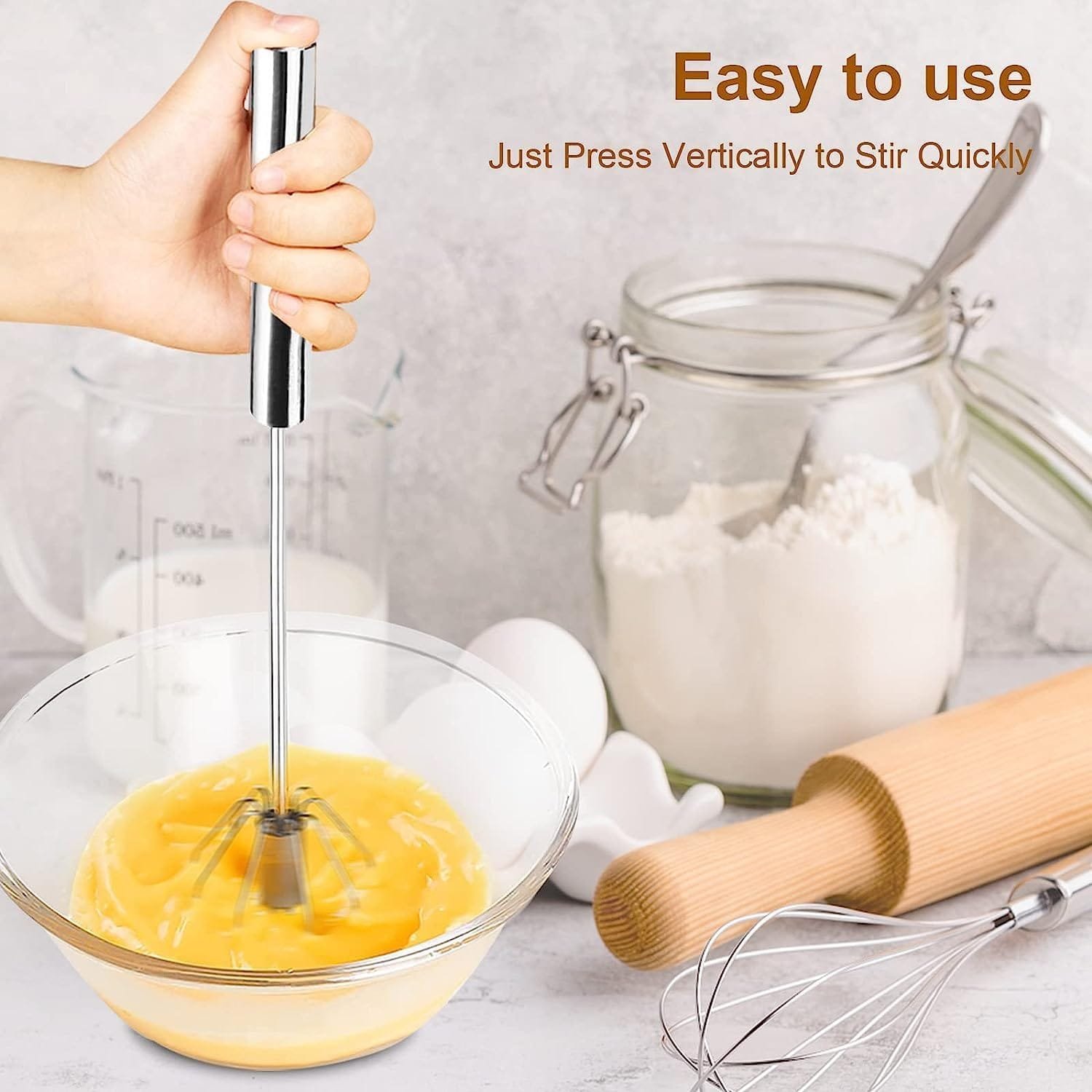 ANYI Semi-automatic Whisk, 12Inch Stainless Steel Egg Beater, Hand Push Rotary Whisk Blender Easy Whisk Mixer Stirrer for Making Cream, Whisking, Beating and Stirring (Silver) (2Pcs Silver) ANYI Semi-automatic Whisk, 12Inch Stainless Steel Egg Beater, Hand Push Rotary Whisk Blender Easy Whisk Mixer Stirrer for Making Cream, Whisking, Beating and Stirring (Silver) (2Pcs Silver)