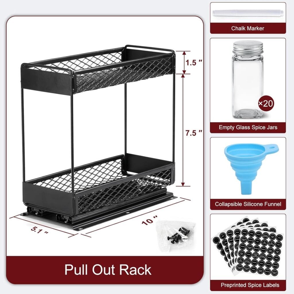 AOZITA Pull Out Spice Rack Organizer for Cabinet with 20 Glass Spice Jars Funnel, Preprinted Spice Labels, Funnel, Heavy Duty Slide Out Seasoning Organizer for Kitchen Cabinets