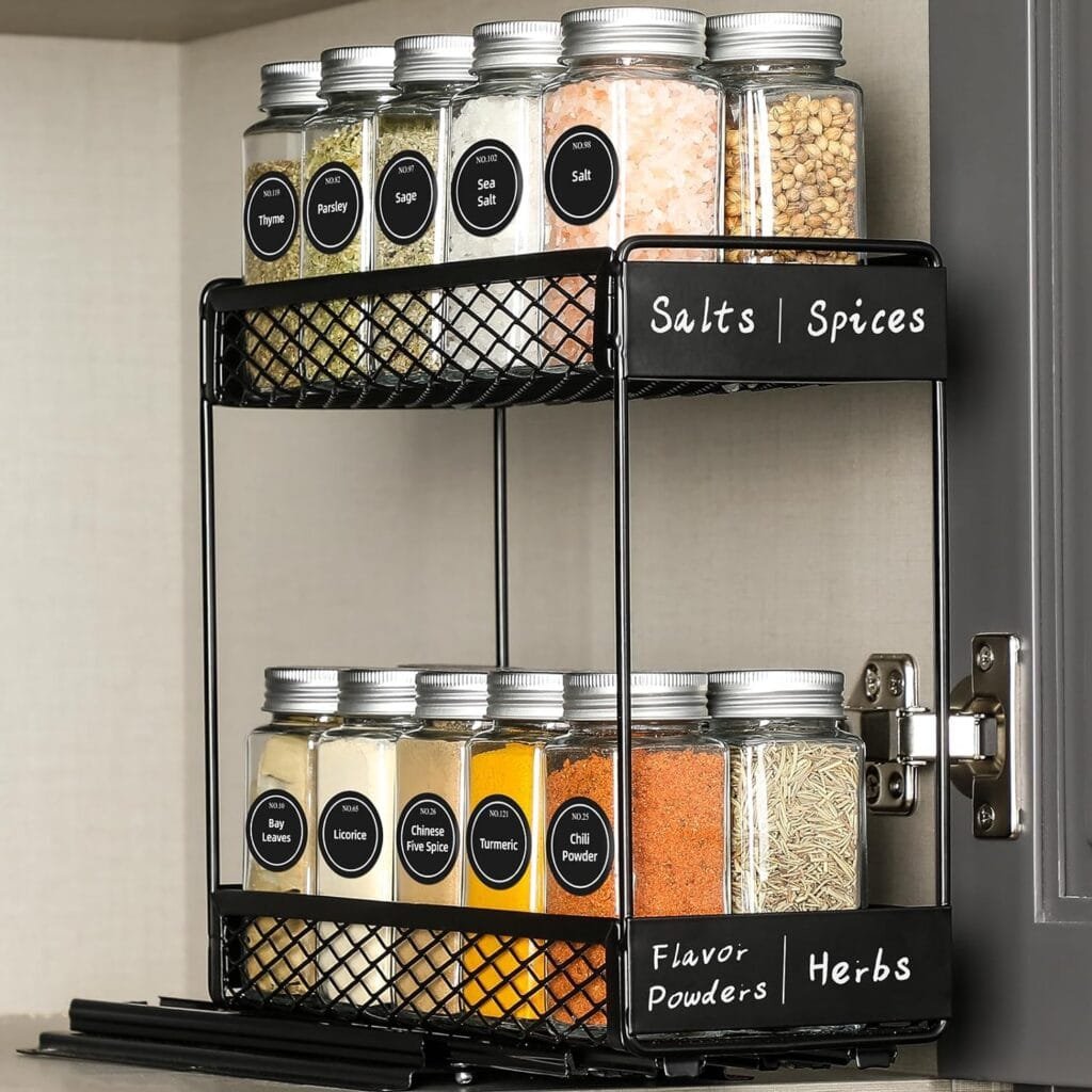 AOZITA Pull Out Spice Rack Organizer for Cabinet with 20 Glass Spice Jars Funnel, Preprinted Spice Labels, Funnel, Heavy Duty Slide Out Seasoning Organizer for Kitchen Cabinets