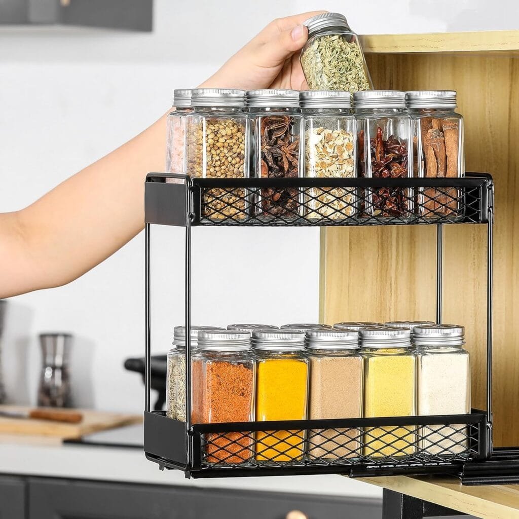AOZITA Pull Out Spice Rack Organizer for Cabinet with 20 Glass Spice Jars Funnel, Preprinted Spice Labels, Funnel, Heavy Duty Slide Out Seasoning Organizer for Kitchen Cabinets