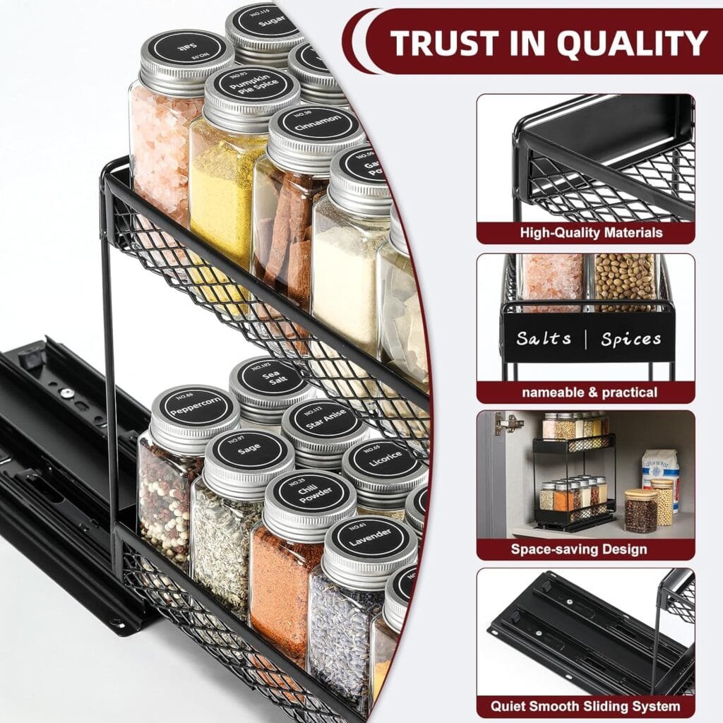 AOZITA Pull Out Spice Rack Organizer for Cabinet with 20 Glass Spice Jars Funnel, Preprinted Spice Labels, Funnel, Heavy Duty Slide Out Seasoning Organizer for Kitchen Cabinets