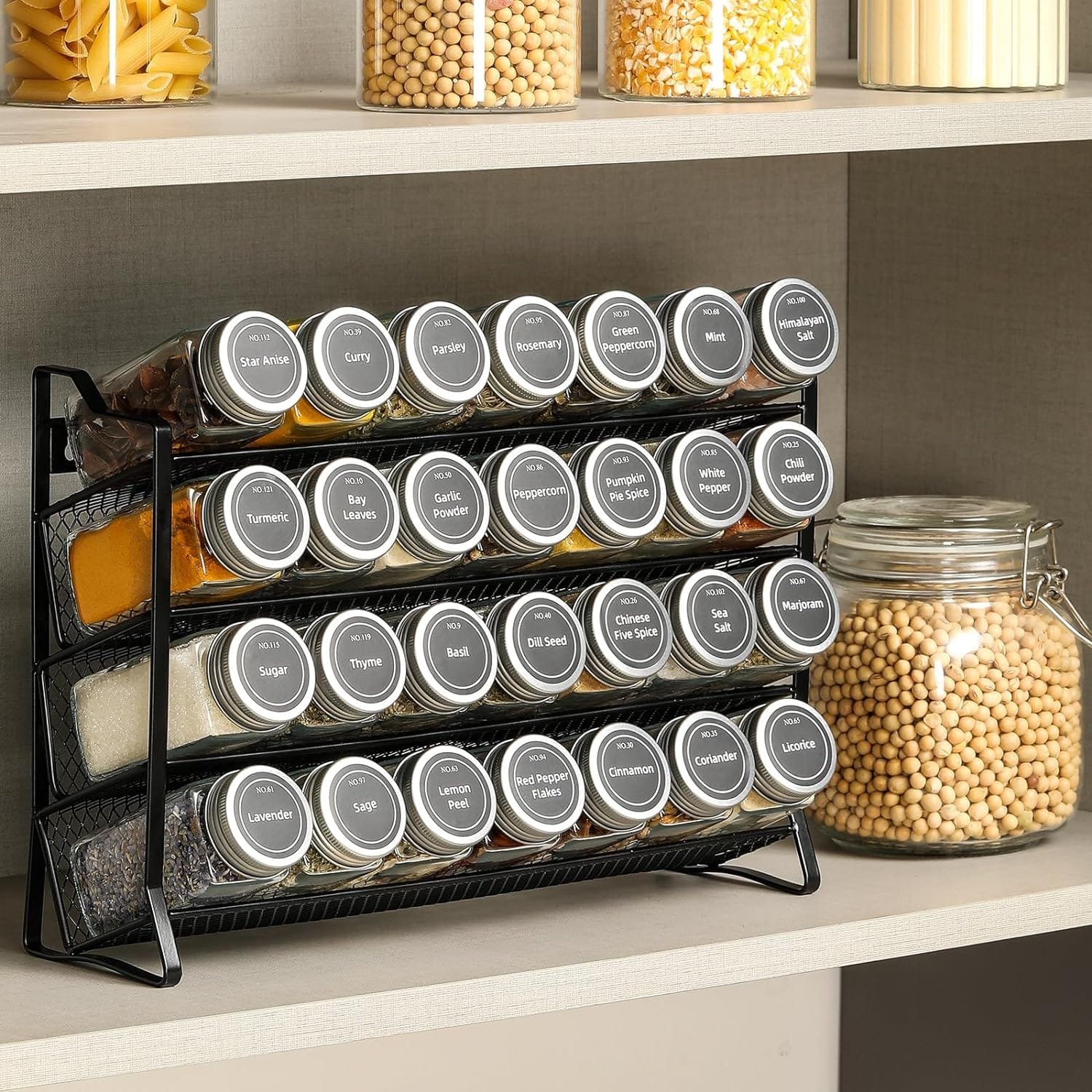 AOZITA Spice Rack Organizer for Cabinet, Spice Organizer with 28 Empty Spice Jars with Black Lids, Funnel, Spice Labels, Seasoning Organizer for Countertop, Cabinet, Kitchen, Pantry, Cupboard
