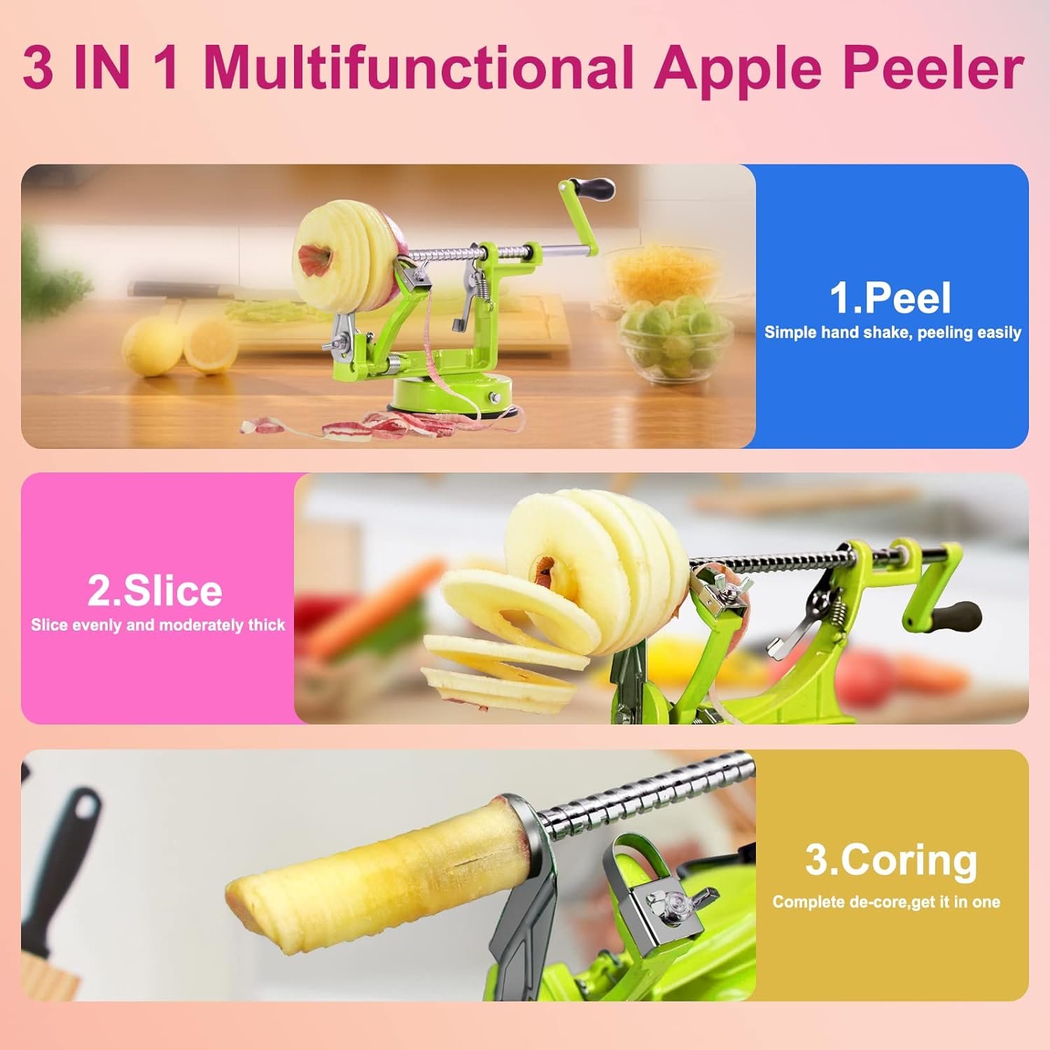 Apple Peeler, Stainless Steel Apple Corer Slicer Peeler, Durable Heavy Duty Die Cast Magnesium Alloy Apple Peeler Slicer Corer with Suction Base(Red)