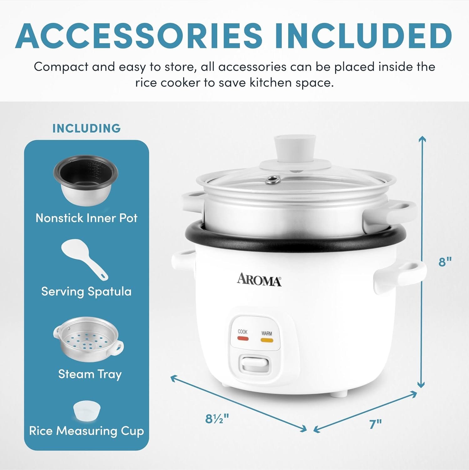 Aroma Housewares 4-Cup (Cooked) / 1Qt. Rice  Grain Cooker with Automatic Warm Mode, Steamer, One-Touch Operation, White (ARC-302-1NG),2 cup (uncooked rice)