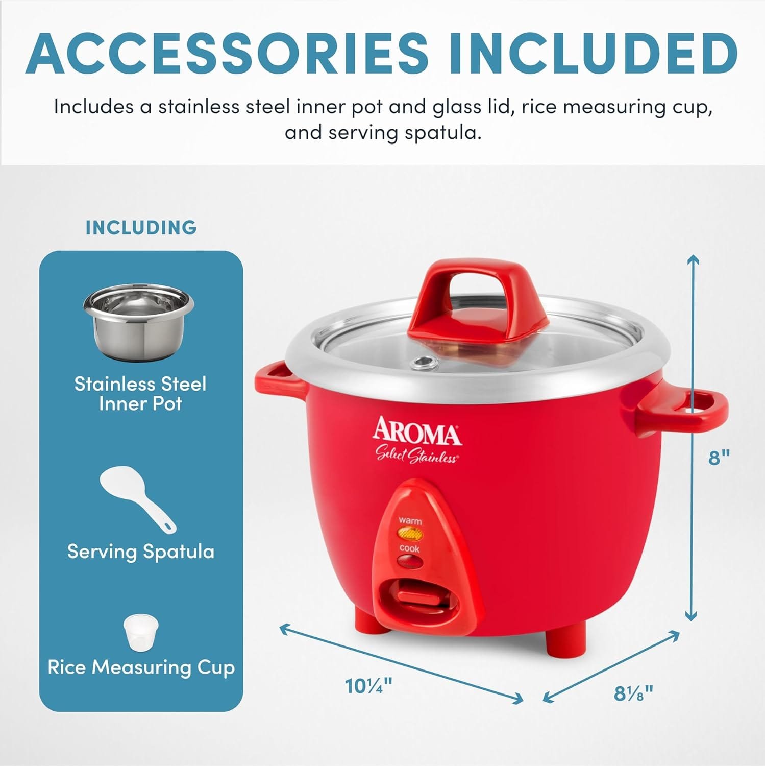 Aroma Housewares Select Stainless Rice Cooker  Warmer with Uncoated Inner Pot, 6-Cup(cooked)/ 1.2Qt, ARC-753SGR, Red