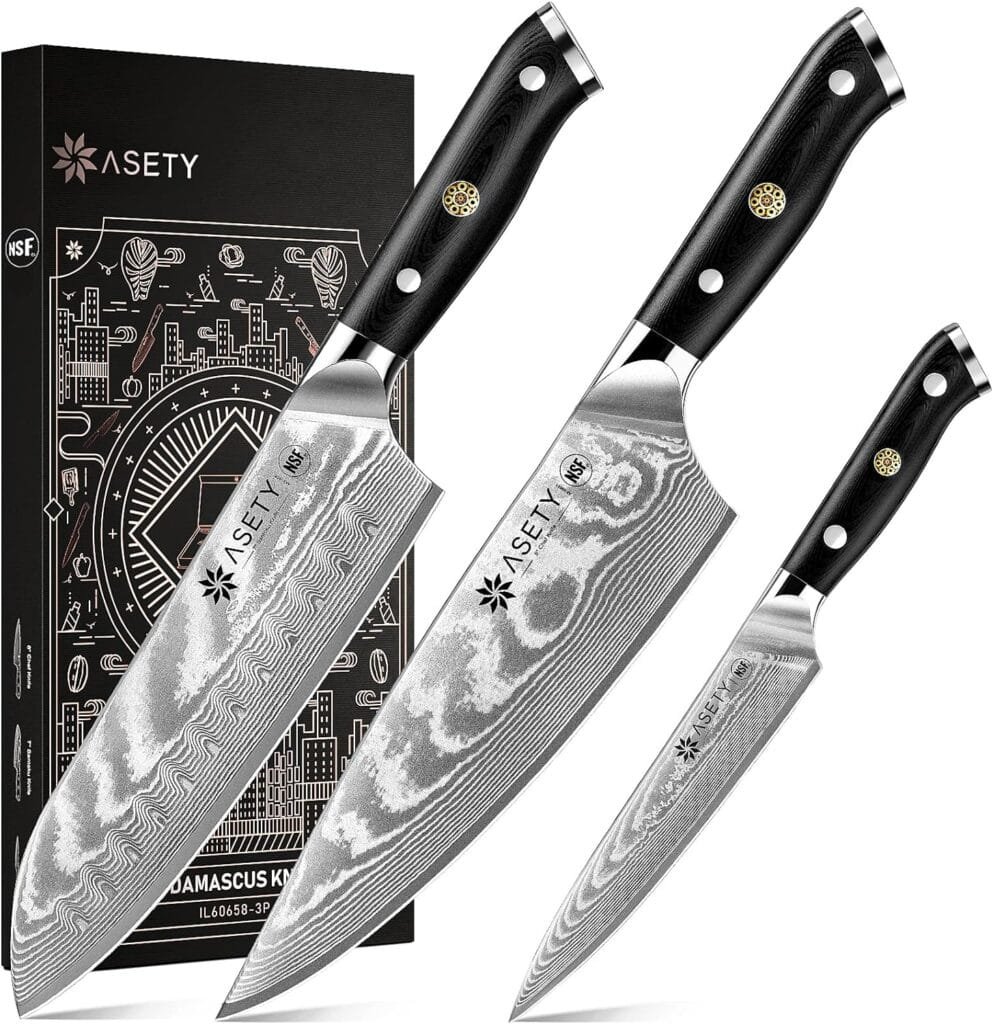 ASETY Damascus Knife Set 3 PCS, NSF Food-Safe Japanese Kitchen Knife Set with VG10 Steel Core, Ultra-Sharp Professional Chef Knife Set and Full Tang G10 Handle, Gift Box