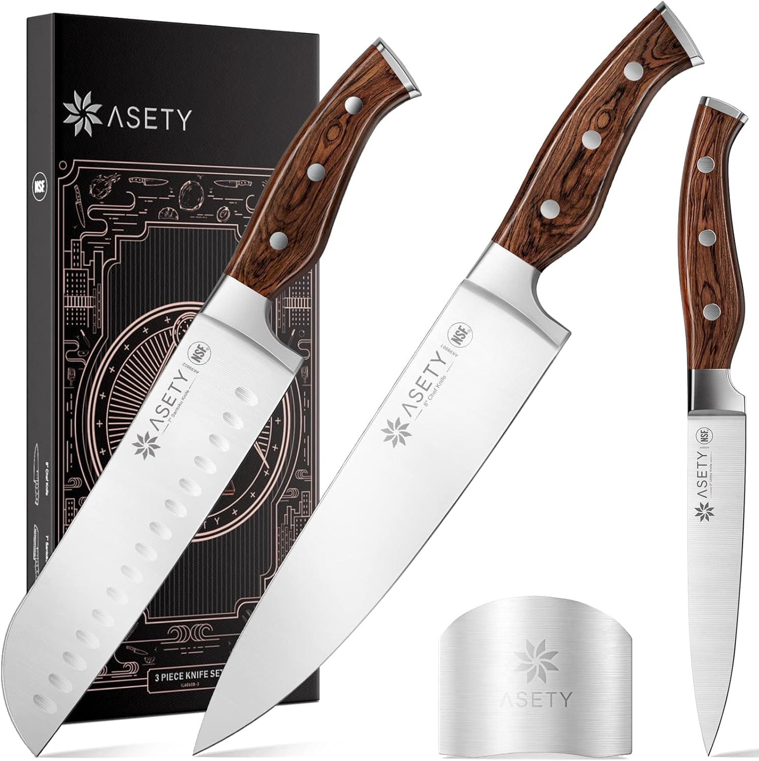 ASETY Kitchen Knives, Ultra Sharp, German Stainless Steel Chef Knife Set with Finger Guard, NSF Food-Safe, Ergonomic Pakkawood Handle, 3 PCS Professional Knife Set, Christmas Gifts for Women I Men ASETY Kitchen Knives, Ultra Sharp, German Stainless Steel Chef Knife Set with Finger Guard, NSF Food-Safe, Ergonomic Pakkawood Handle, 3 PCS Professional Knife Set, Christmas Gifts for Women I Men