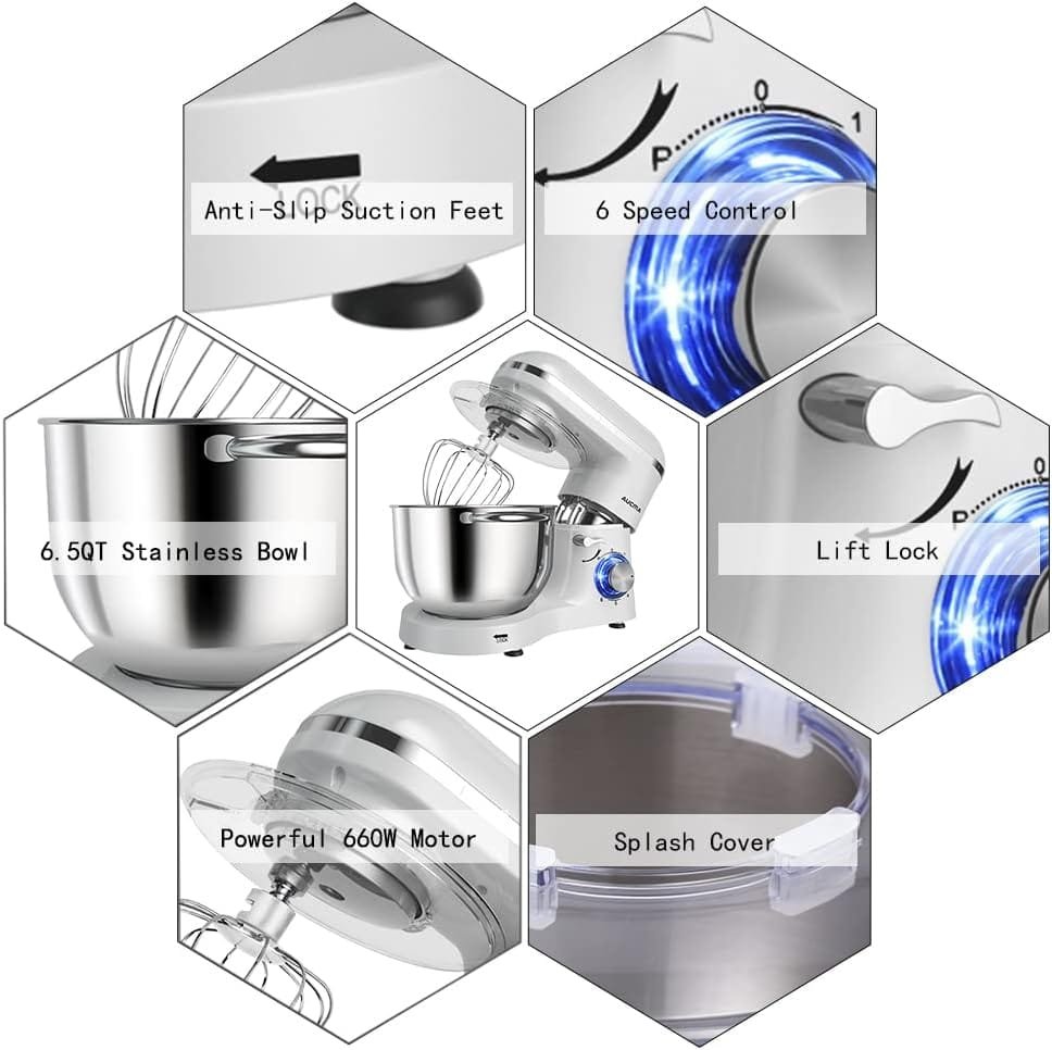 Aucma Stand Mixer,6.5-QT 660W 6-Speed Tilt-Head Food Mixer, Kitchen Electric Mixer with Dough Hook, Wire Whip  Beater 2 Layer Red Painting (6.5QT, Red)