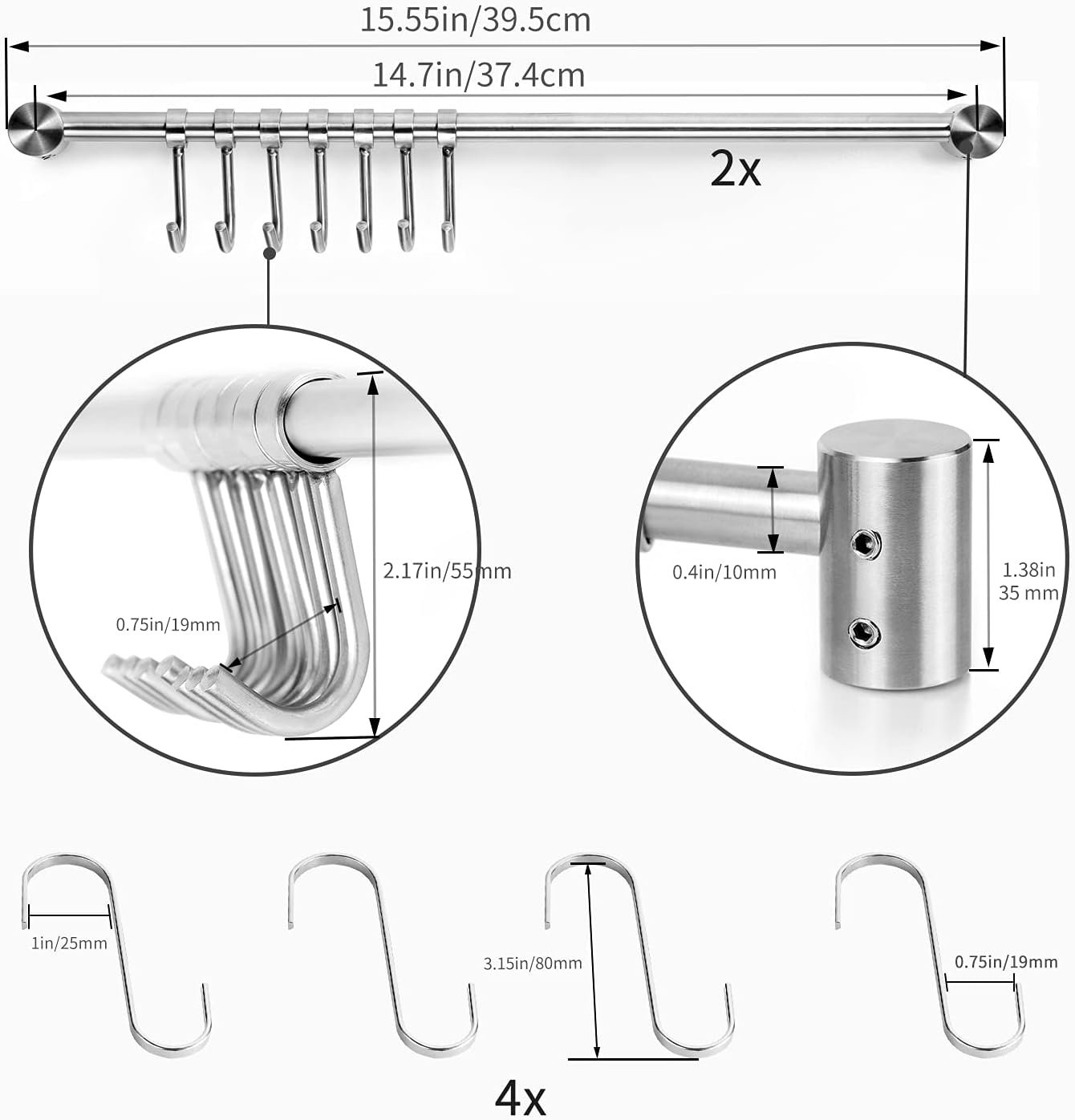 Audmore Kitchen Utensil Rack 2 Pack, 15.6 Inch Pots and Pans Hanging Rack Wall Mounted, 304 Stainless Steel Lid Cooking Utensil Hanger, 7 Sliding Hooks for Spatula Spoon, Measuring Cups, Coffee Mug