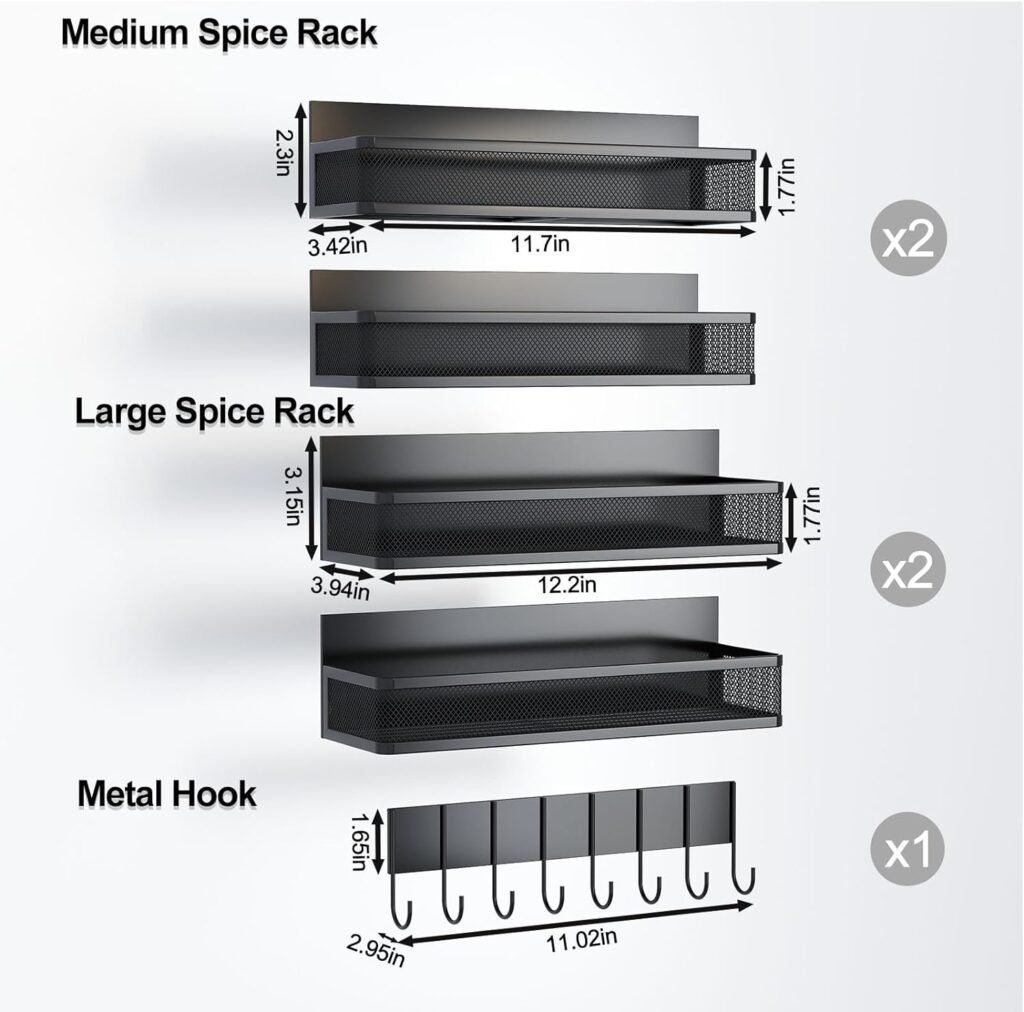 Aufworld Magnetic Spice Rack for Refrigerator, 3 Pack Magnetic Shelf, Moveable Magnetic Fridge Organizer with 8-Hook Rack for Kitchen Organization and Storage (3 Pack)