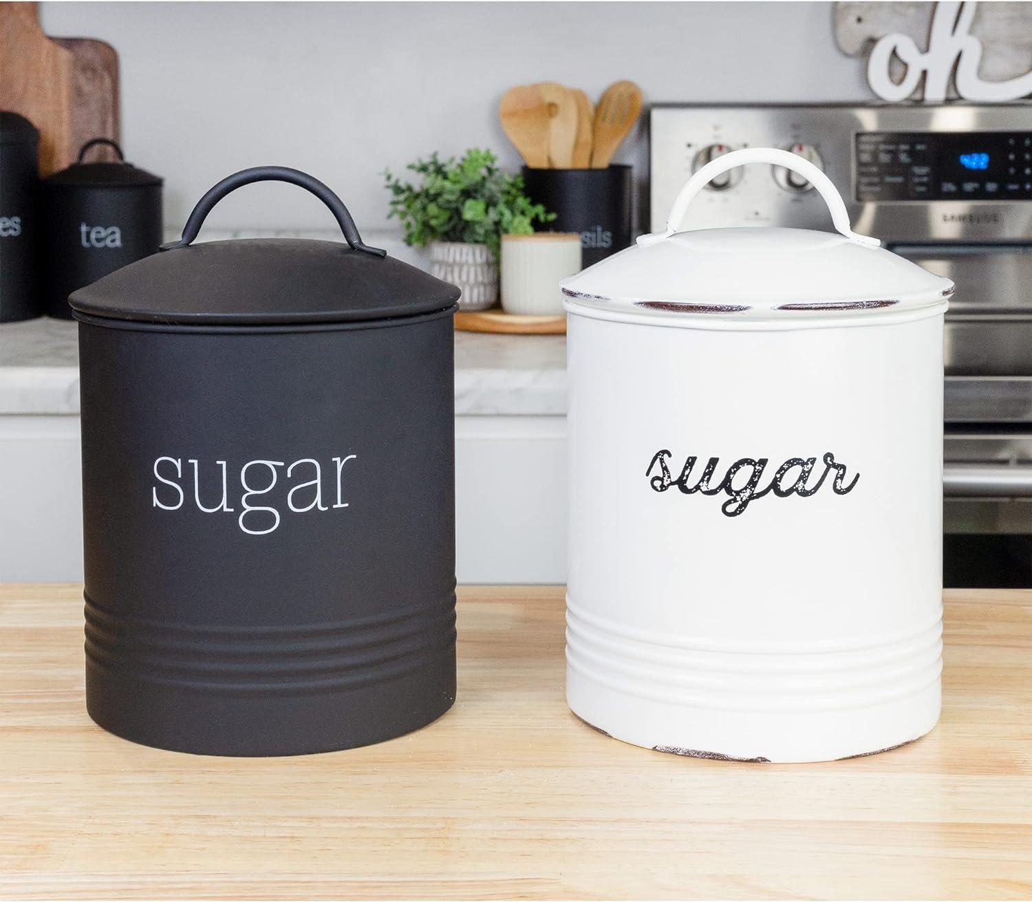 AuldHome Enamelware Black Sugar Canister; Modern Farmhouse Staples Storage for Kitchen