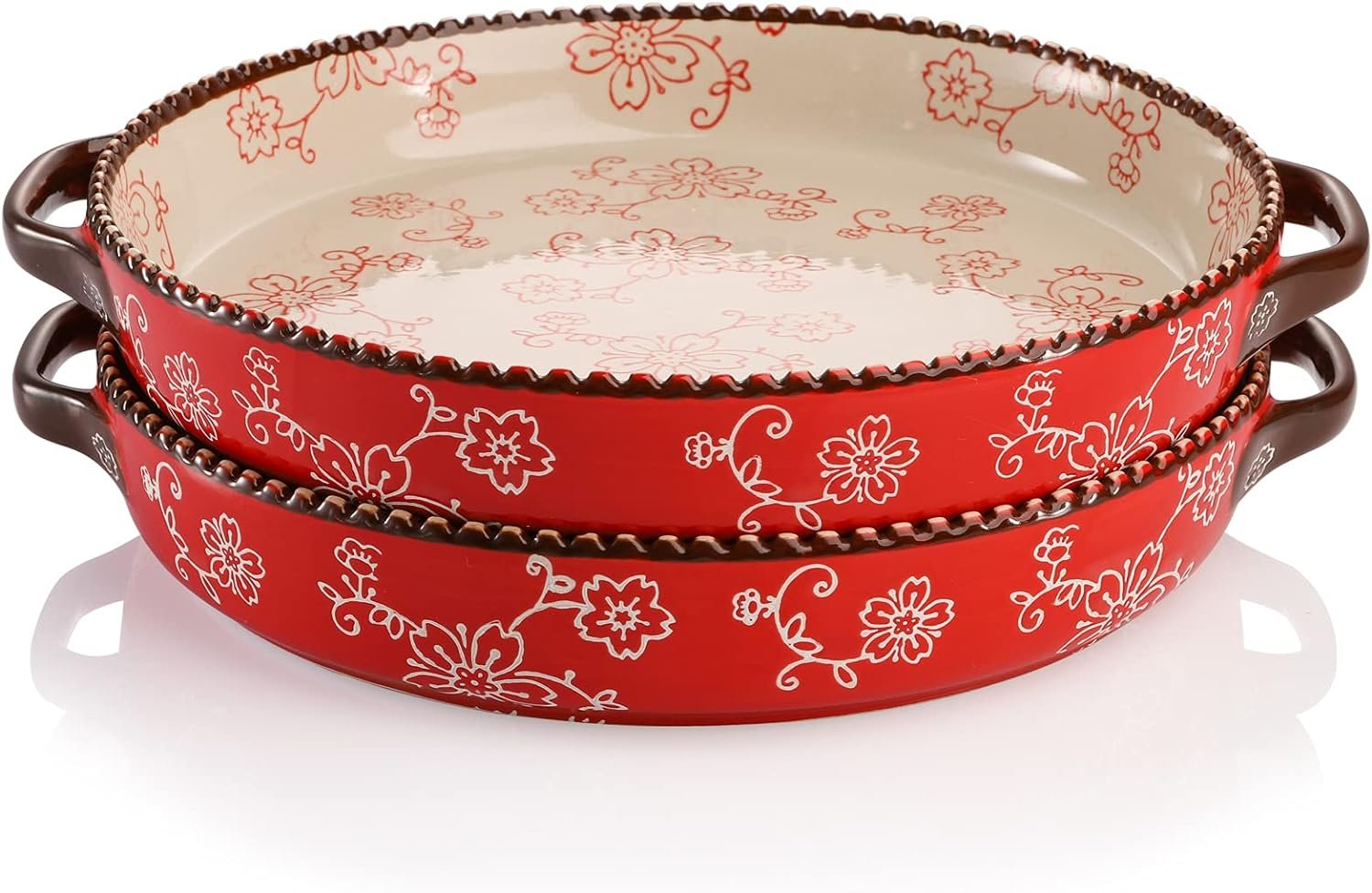 AVLA 2 Pack Ceramic Pie Pan, 9 Inch Round Baking Dish with Double Handle, 28 Ounce Deep Quiche Plate for Kitchen, Cooking, Roasting Lasagna (Sakura, Green)