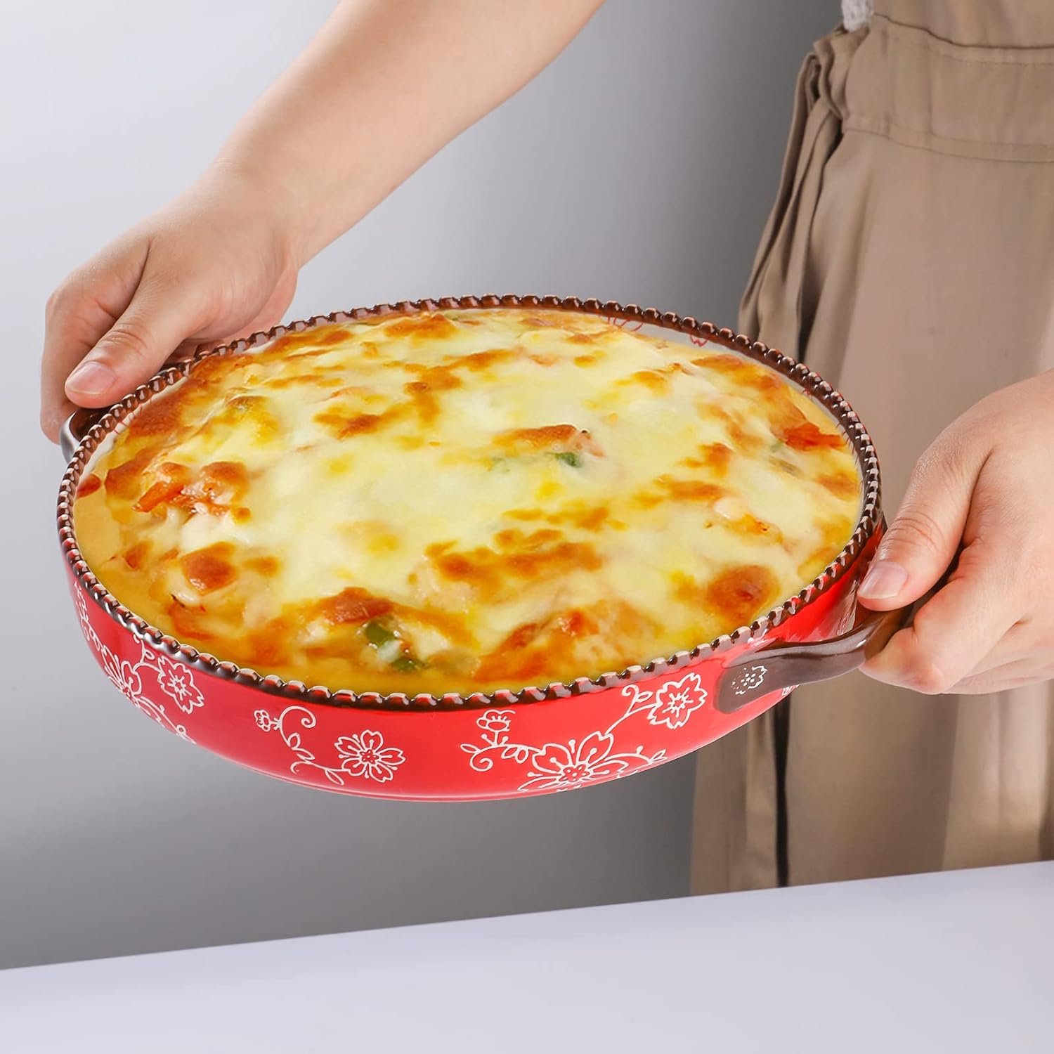 AVLA 2 Pack Ceramic Pie Pan, 9 Inch Round Baking Dish with Double Handle, 28 Ounce Deep Quiche Plate for Kitchen, Cooking, Roasting Lasagna (Sakura, Green)