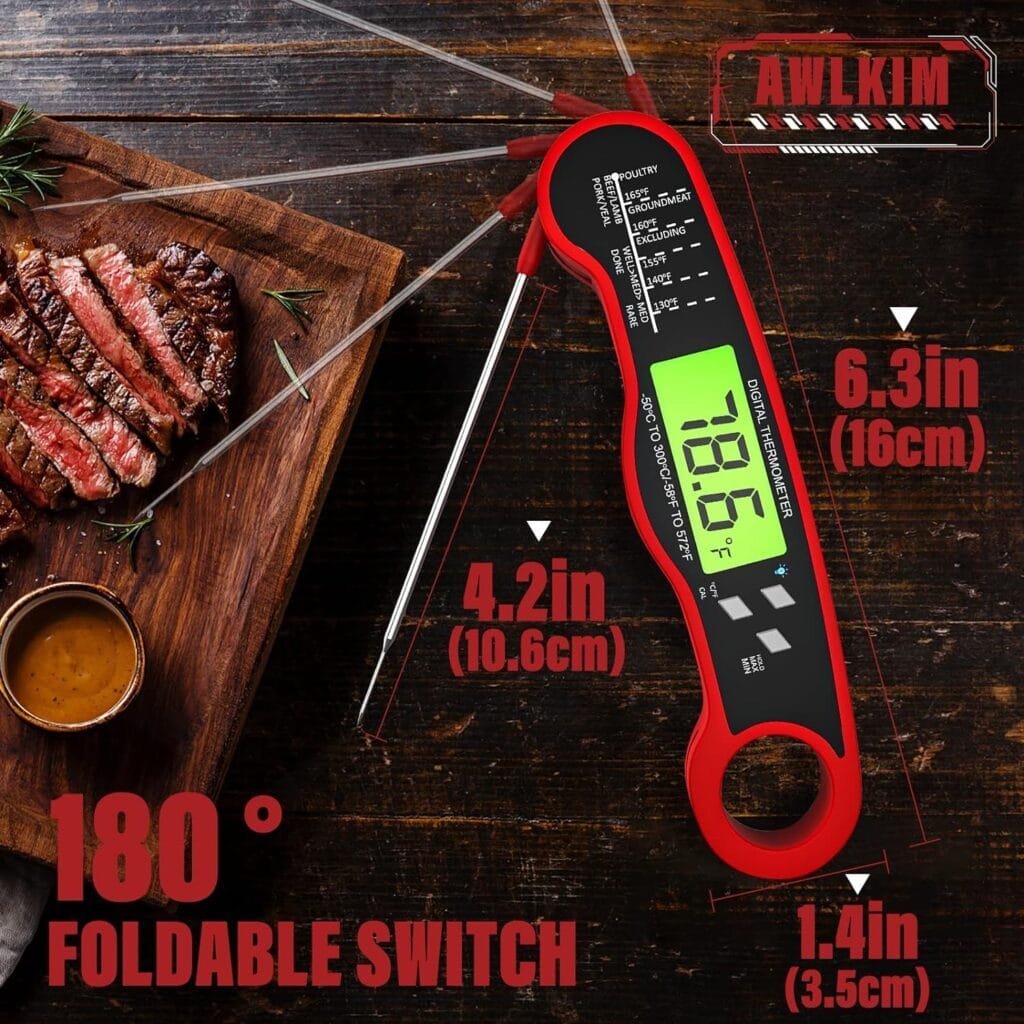 AWLKIM Meat Thermometer Digital - Fast Instant Read Food Thermometer for Cooking, Candy Making, Outside Grill, Waterproof Kitchen Thermometer with Backlight  Hold Function - Red AWLKIM Meat Thermometer Digital - Fast Instant Read Food Thermometer for Cooking, Candy Making, Outside Grill, Waterproof Kitchen Thermometer with Backlight  Hold Function - Red