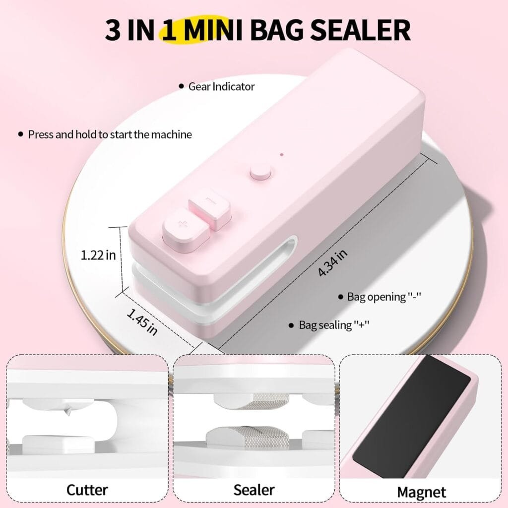 Bag Sealer Mini, 3 in 1 Mini Bag Sealer Heat Seal with Cutter  Magnet, Rechargeable Mini Chip Bag Vacuum Sealer Machine for Reseal Plastic Bags  Keep Snacks Fresh, Portable Kitchen Gadget
