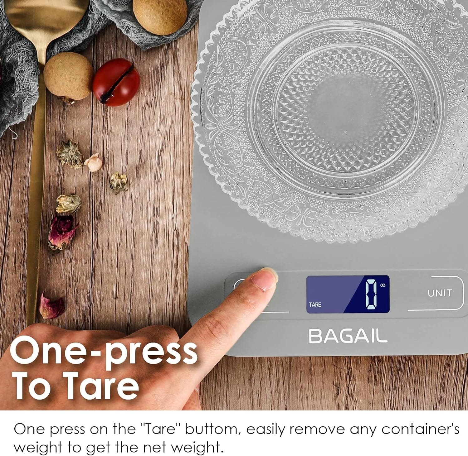 BAGAIL BASICS Digital Kitchen Scale, Premium Stainless Steel Food Scales Weight Grams and Oz for Baking and Cooking, 11lb/5kg with 0.1oz/1g Precision