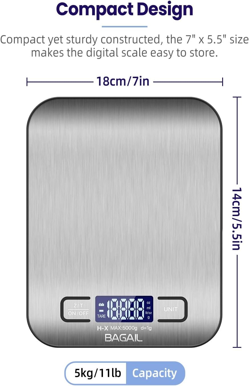 BAGAIL BASICS Electronic Kitchen Scale Premium Large Display Backing Scale Wet and Dry Food Weighing Scale with Stainless Steel Mixing Bowl - 5kg