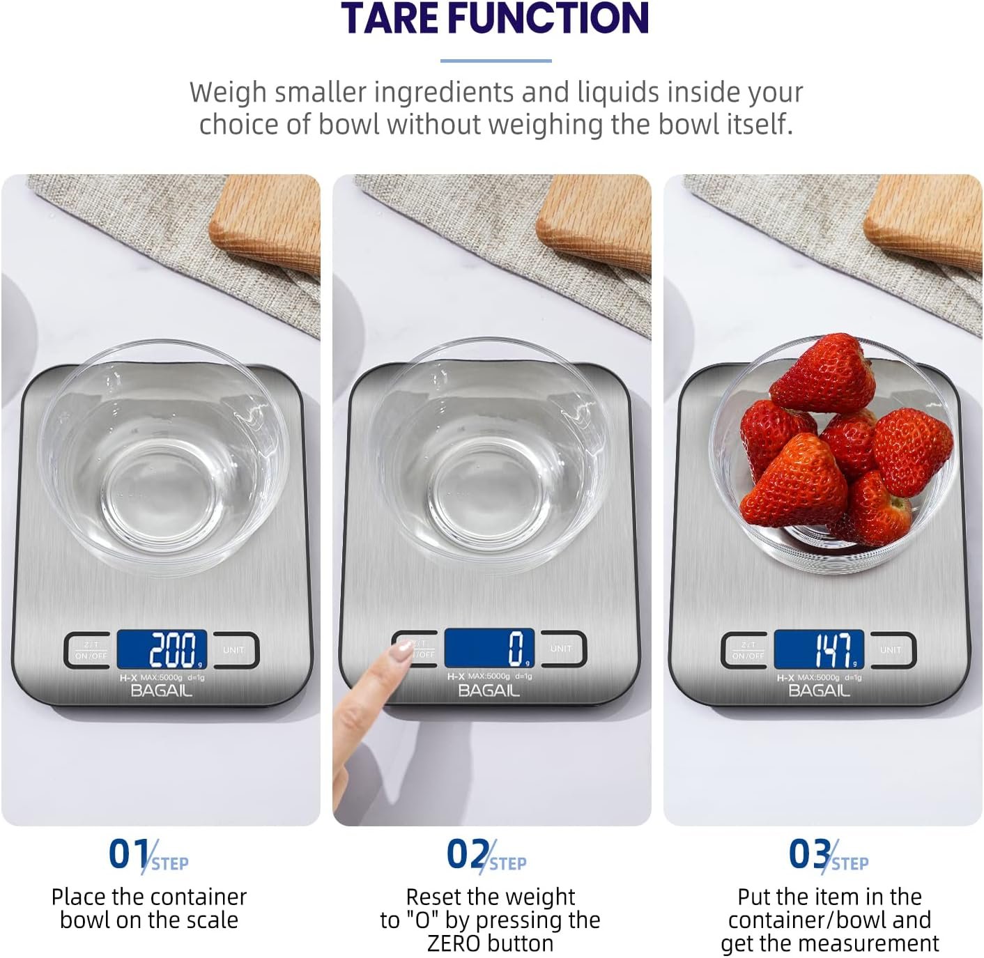 BAGAIL BASICS Electronic Kitchen Scale Premium Large Display Backing Scale Wet and Dry Food Weighing Scale with Stainless Steel Mixing Bowl - 5kg