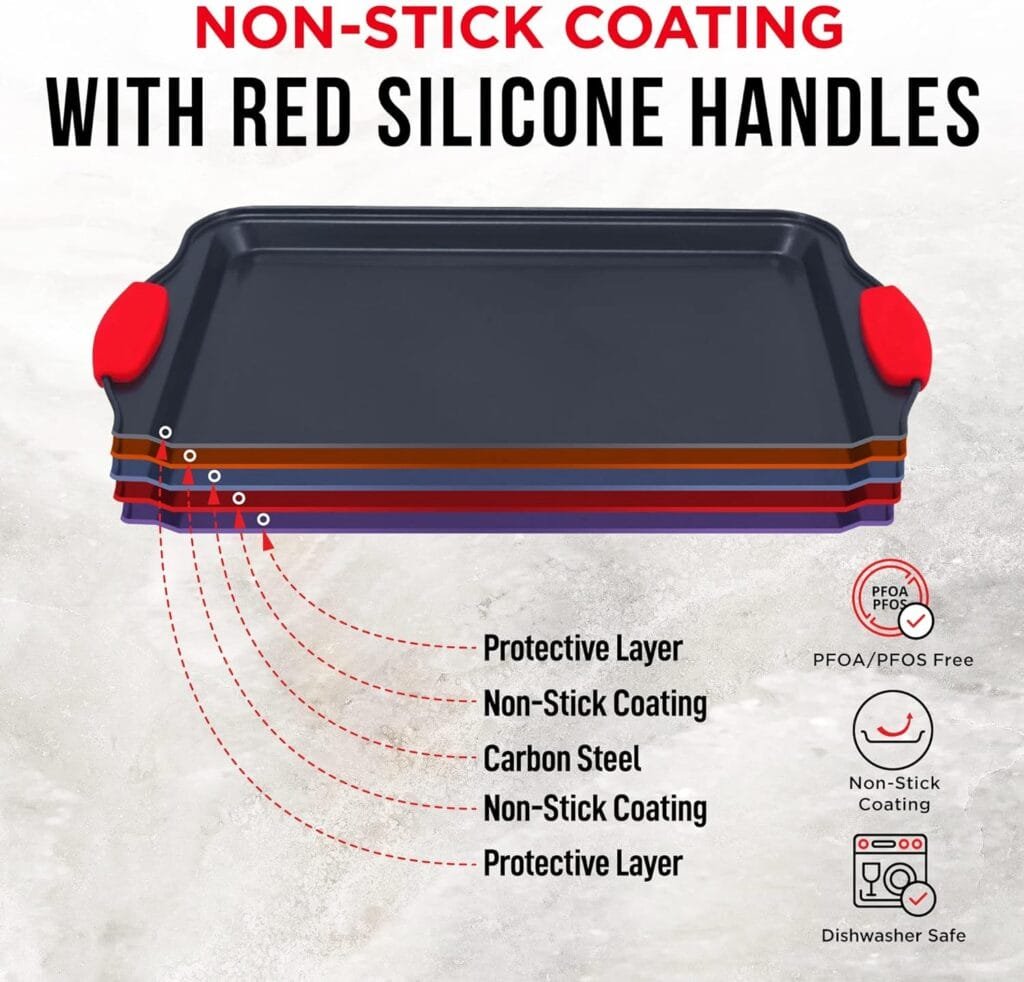 Baking Pan Set – 3 Piece Cookie Sheet – Deluxe Black Non-Stick Carbon Steel – Silicone Handles – Commercial Grade Restaurant Quality – PFOA PFOS and PTFE Free by Bakken Baking Pan Set – 3 Piece Cookie Sheet – Deluxe Black Non-Stick Carbon Steel – Silicone Handles – Commercial Grade Restaurant Quality – PFOA PFOS and PTFE Free by Bakken