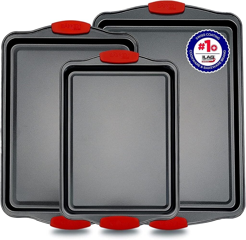 Baking Pan Set – 3 Piece Cookie Sheet – Deluxe Black Non-Stick Carbon Steel – Silicone Handles – Commercial Grade Restaurant Quality – PFOA PFOS and PTFE Free by Bakken Baking Pan Set – 3 Piece Cookie Sheet – Deluxe Black Non-Stick Carbon Steel – Silicone Handles – Commercial Grade Restaurant Quality – PFOA PFOS and PTFE Free by Bakken