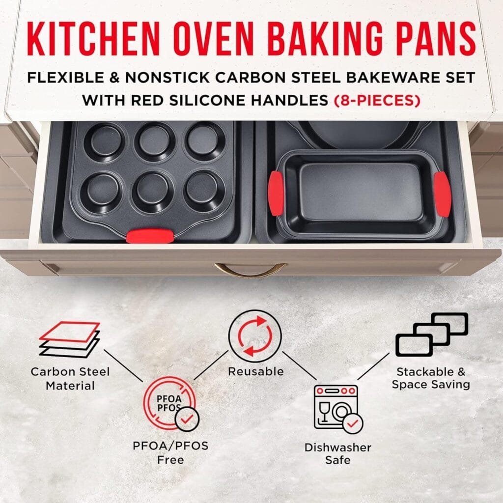 Baking Pan Set – 3 Piece Cookie Sheet – Deluxe Black Non-Stick Carbon Steel – Silicone Handles – Commercial Grade Restaurant Quality – PFOA PFOS and PTFE Free by Bakken Baking Pan Set – 3 Piece Cookie Sheet – Deluxe Black Non-Stick Carbon Steel – Silicone Handles – Commercial Grade Restaurant Quality – PFOA PFOS and PTFE Free by Bakken