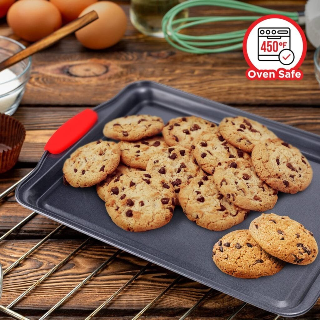 Baking Pan Set – 3 Piece Cookie Sheet – Deluxe Black Non-Stick Carbon Steel – Silicone Handles – Commercial Grade Restaurant Quality – PFOA PFOS and PTFE Free by Bakken Baking Pan Set – 3 Piece Cookie Sheet – Deluxe Black Non-Stick Carbon Steel – Silicone Handles – Commercial Grade Restaurant Quality – PFOA PFOS and PTFE Free by Bakken