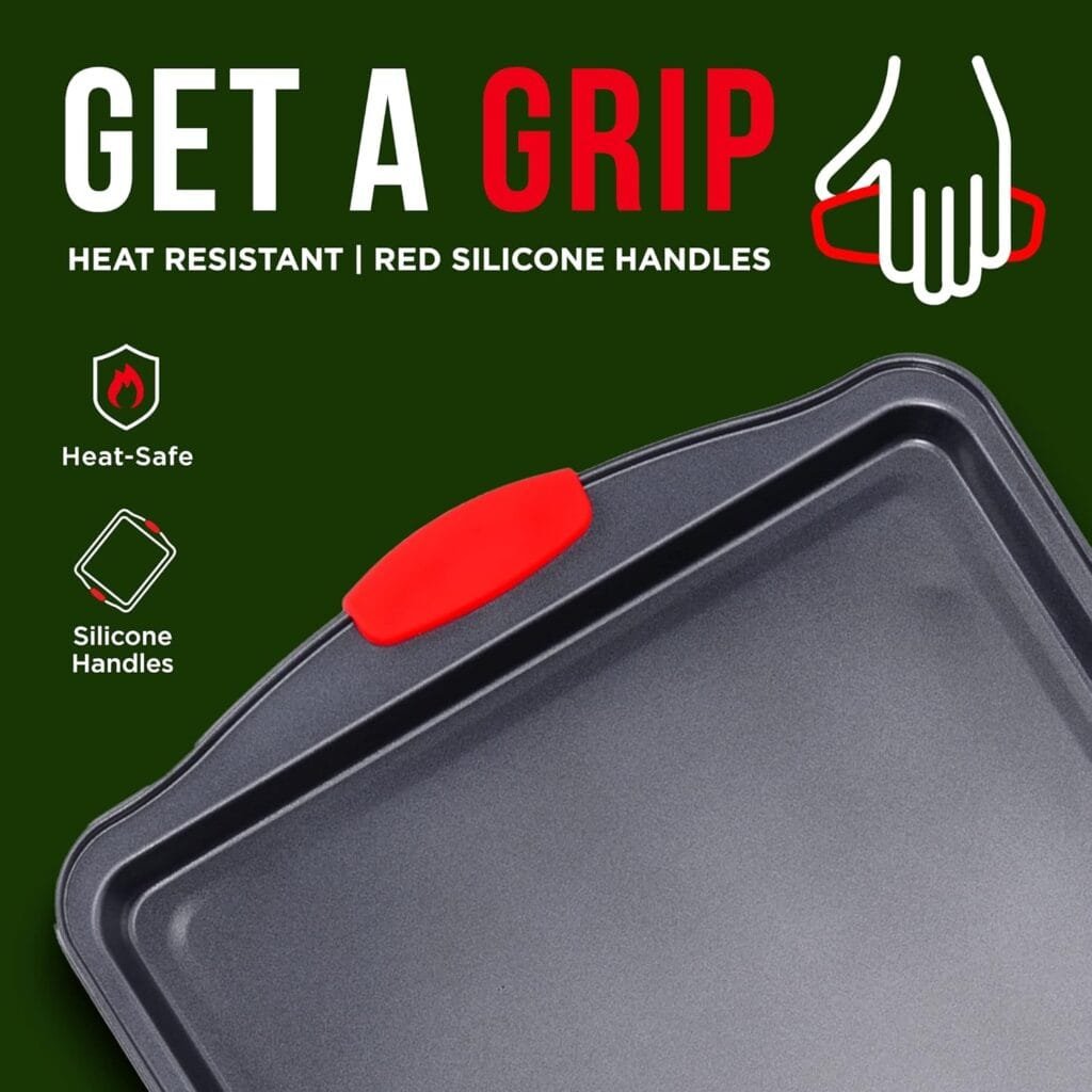 Baking Pan Set – 3 Piece Cookie Sheet – Deluxe Black Non-Stick Carbon Steel – Silicone Handles – Commercial Grade Restaurant Quality – PFOA PFOS and PTFE Free by Bakken Baking Pan Set – 3 Piece Cookie Sheet – Deluxe Black Non-Stick Carbon Steel – Silicone Handles – Commercial Grade Restaurant Quality – PFOA PFOS and PTFE Free by Bakken
